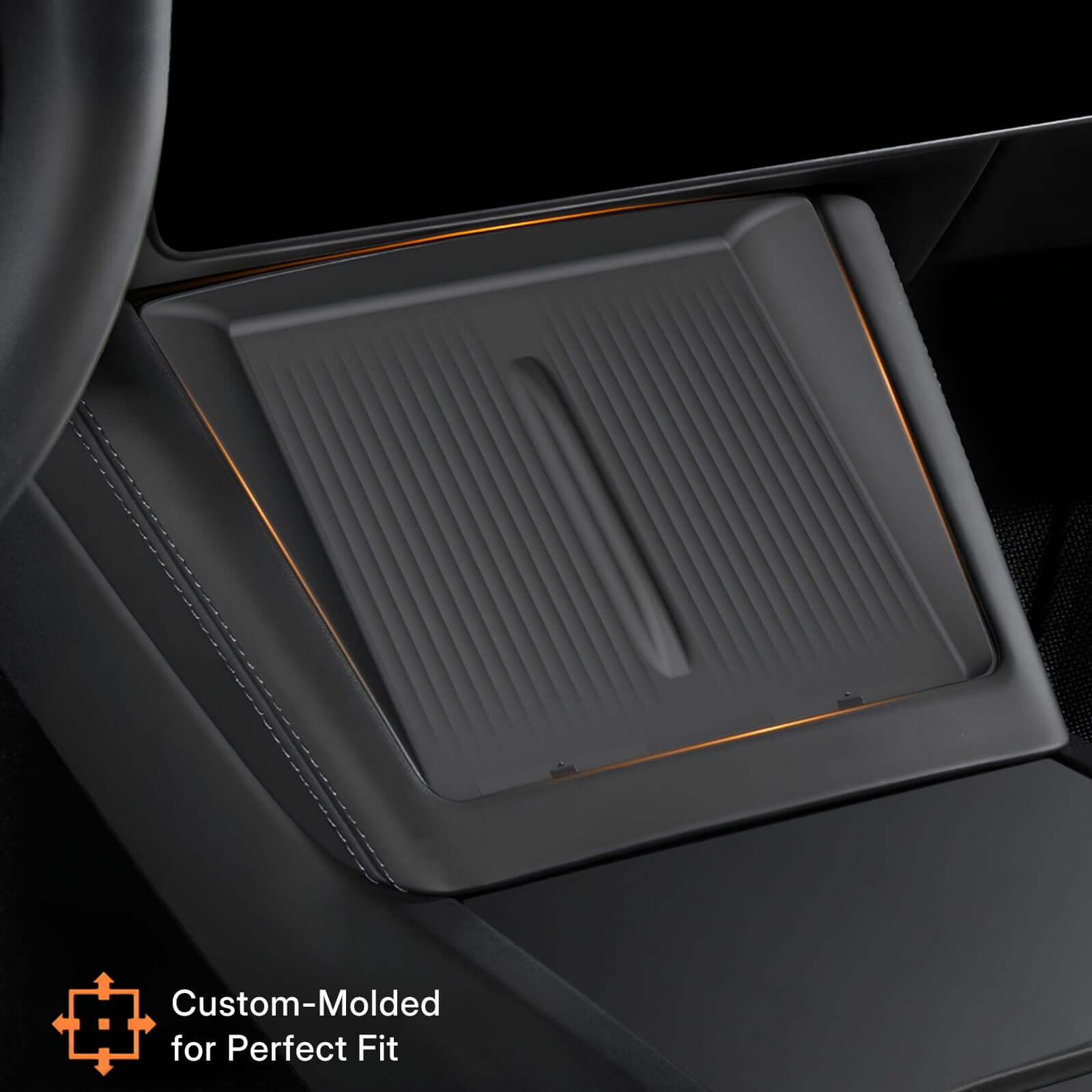 Close-up of Tesla Model 3 Highland 2024 & Model Y Juniper 2025 console wireless charging pad showing anti-slip silicone surface