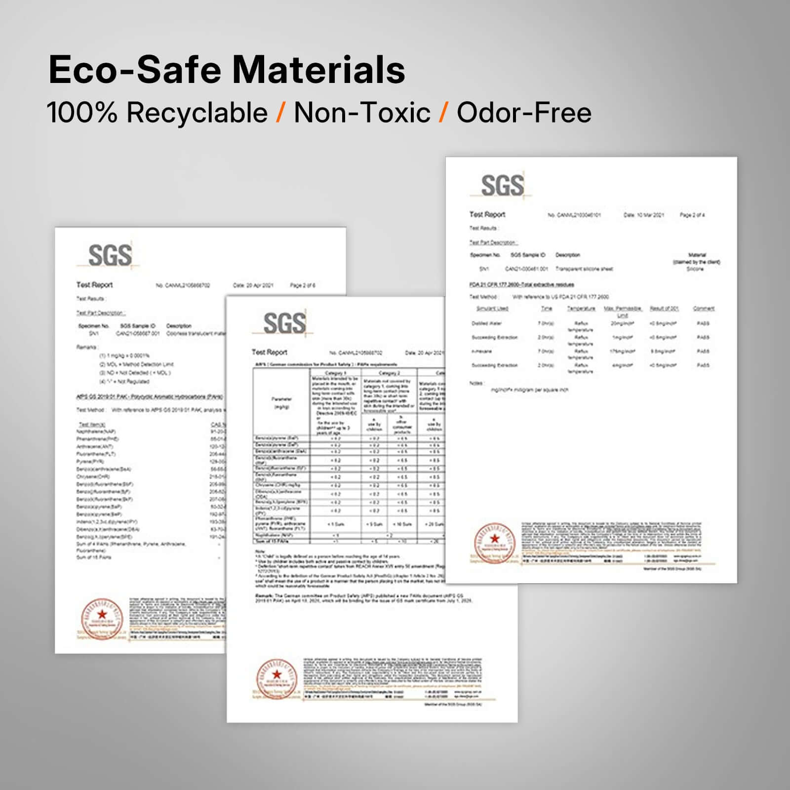 Eco-Safe materials test reports showing 100% recyclable, non-toxic, and odor-free certification details.