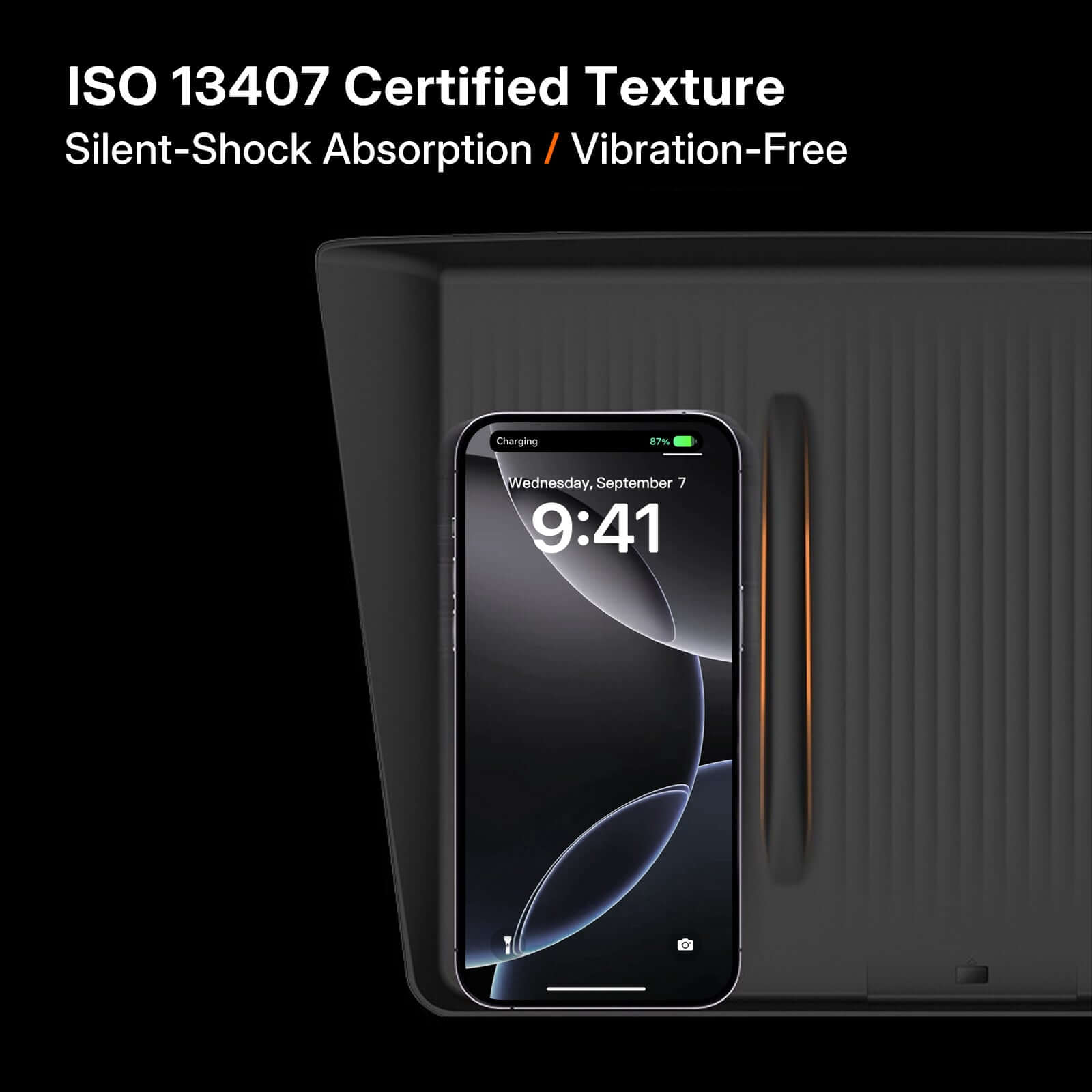 Tesla Model Y Juniper 2025 console wireless charging pad showing ISO 13407 certified texture with charging smartphone