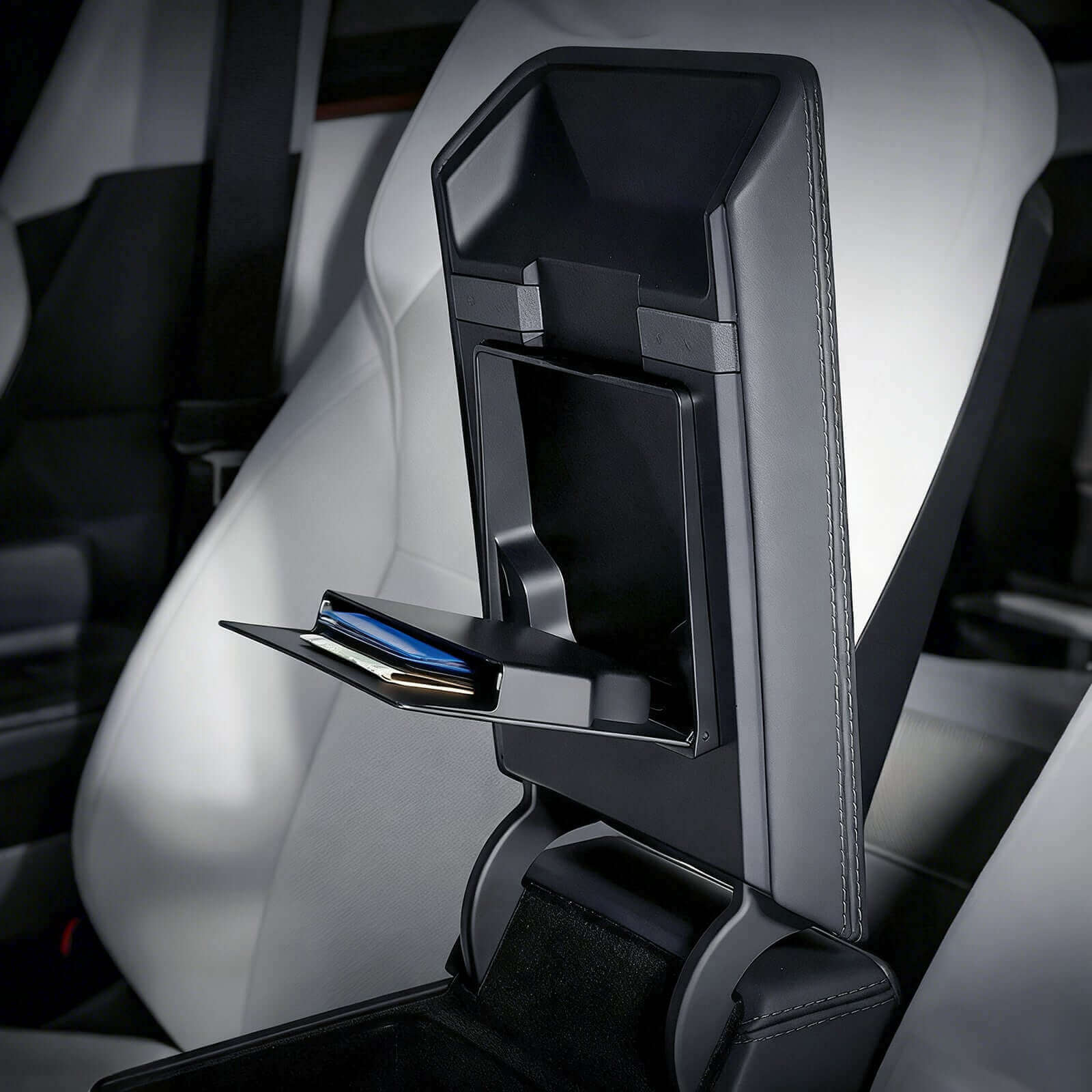 Tesla Model 3 Highland 2024 & Model Y Juniper 2025 Velvet Armrest Organizer in use with phone compartment