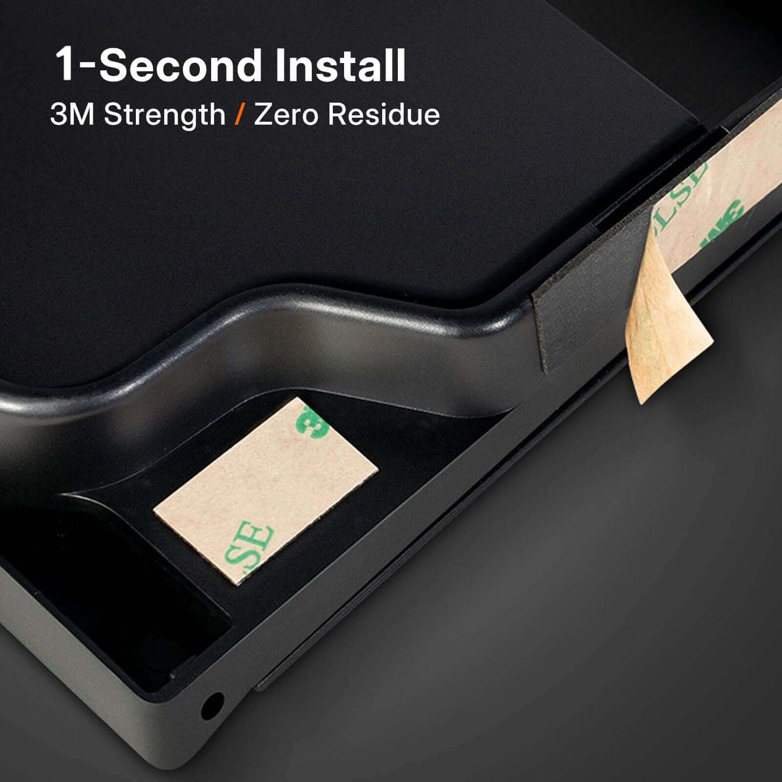 Close-up of magnetic armrest organizer showing 3M strength adhesive installation for Tesla Model Y Juniper 2025 / Model 3 Highland 2024