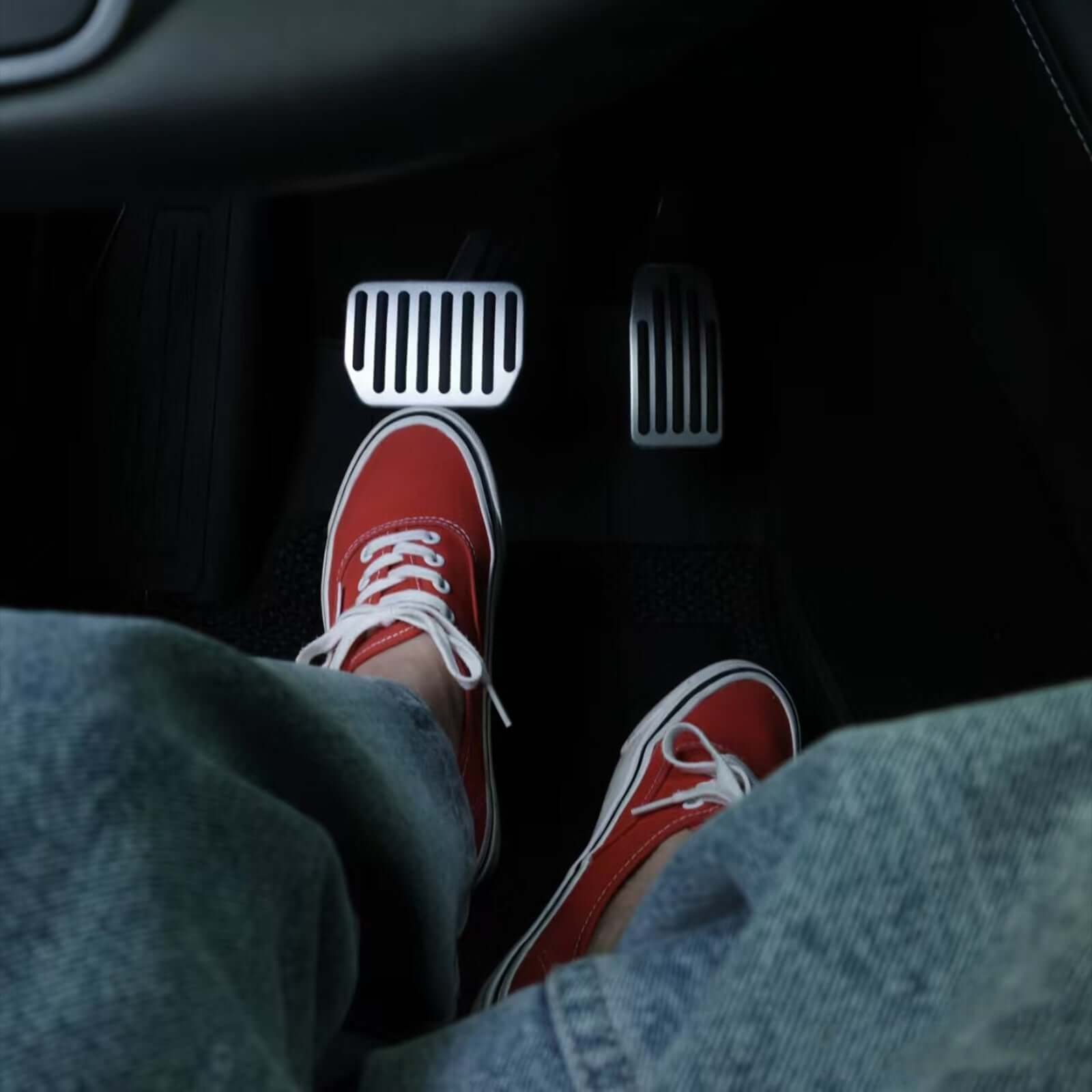 Tesla Model 3 interior with Aluminum Alloy Non-Slip Textured Accelerator Brake Pedal Covers in use