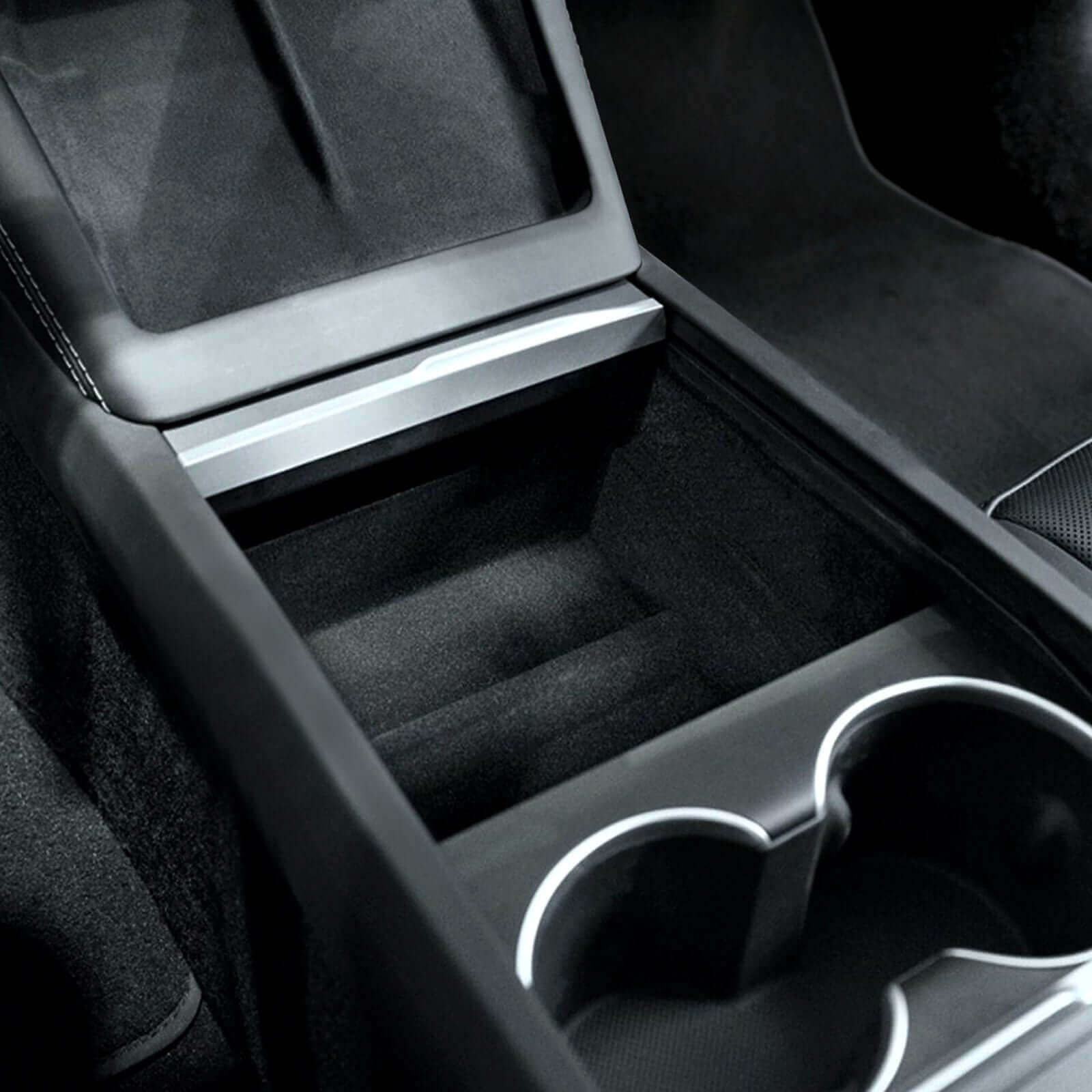Tesla Model 3 Highland 2024 & Model Y Juniper 2025 armrest organizer installed in center console showing custom fit and premium design