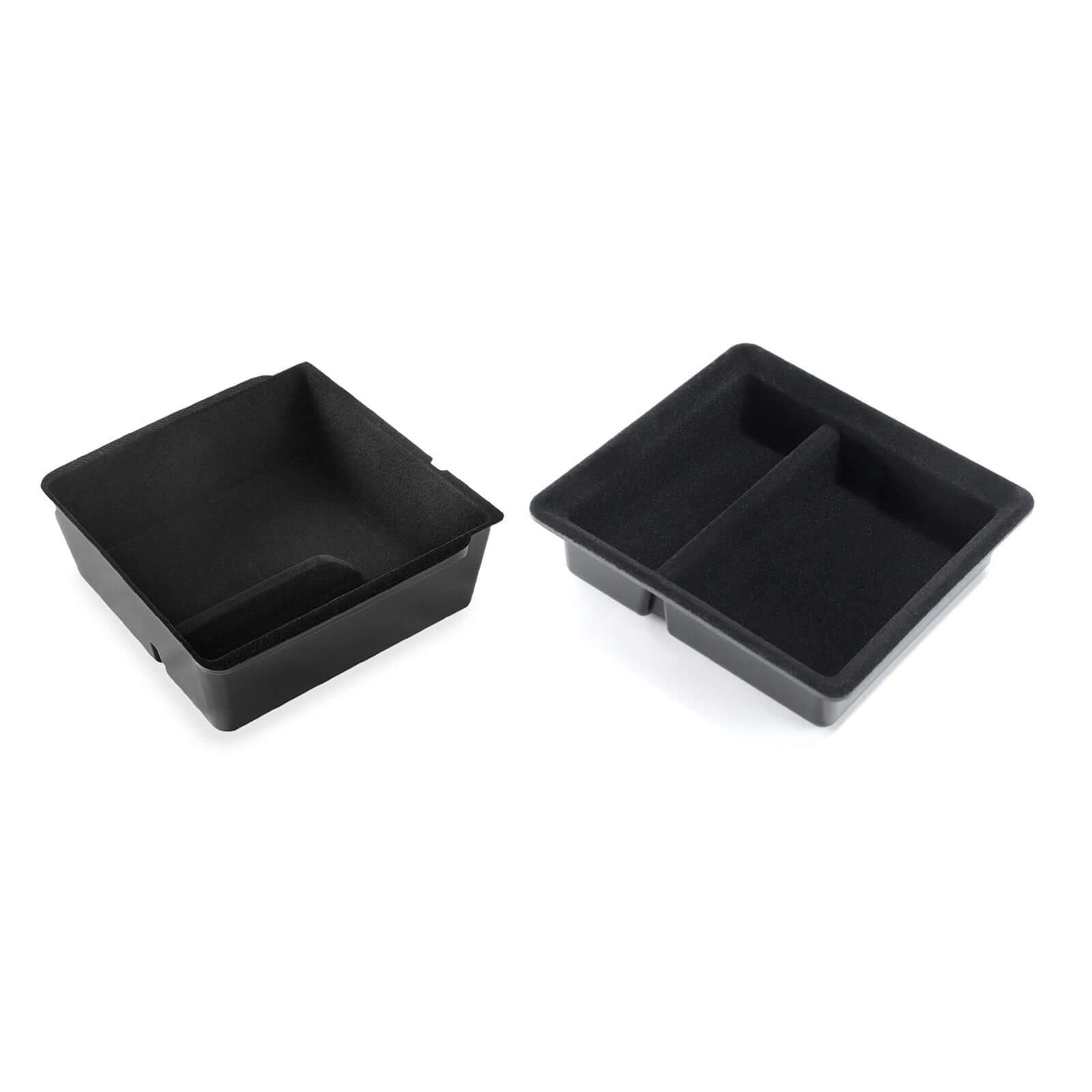 Close-up of velvet compartments on Tesla Model 3 Highland 2024 & Model Y Juniper 2025 Velvet Armrest Organizer showing custom fit design