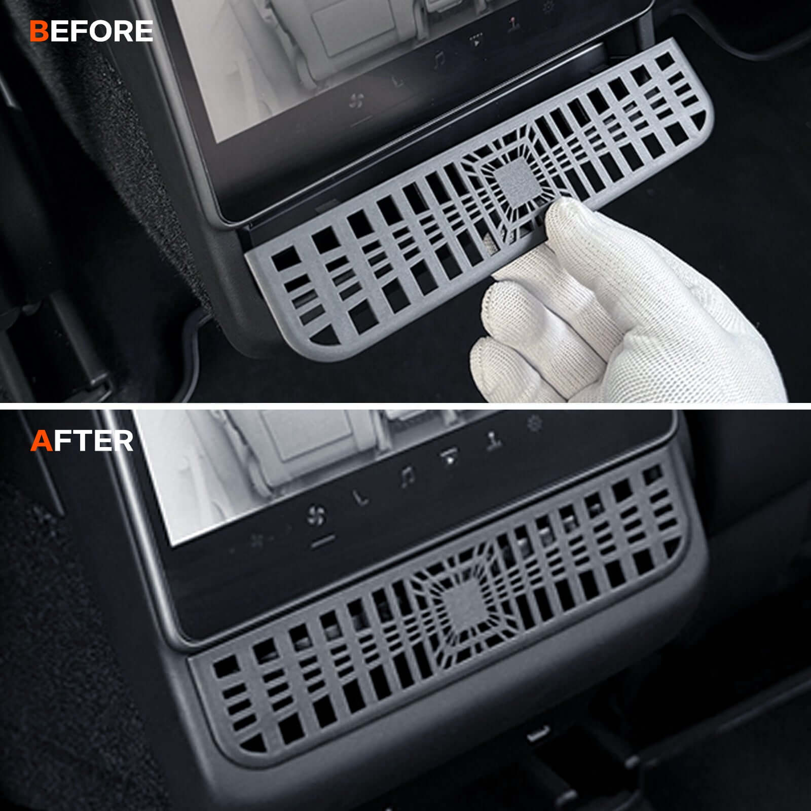 Before and after installation of Tesla Model 3 Highland 2024 under seat/rear air vent cover for dust protection.