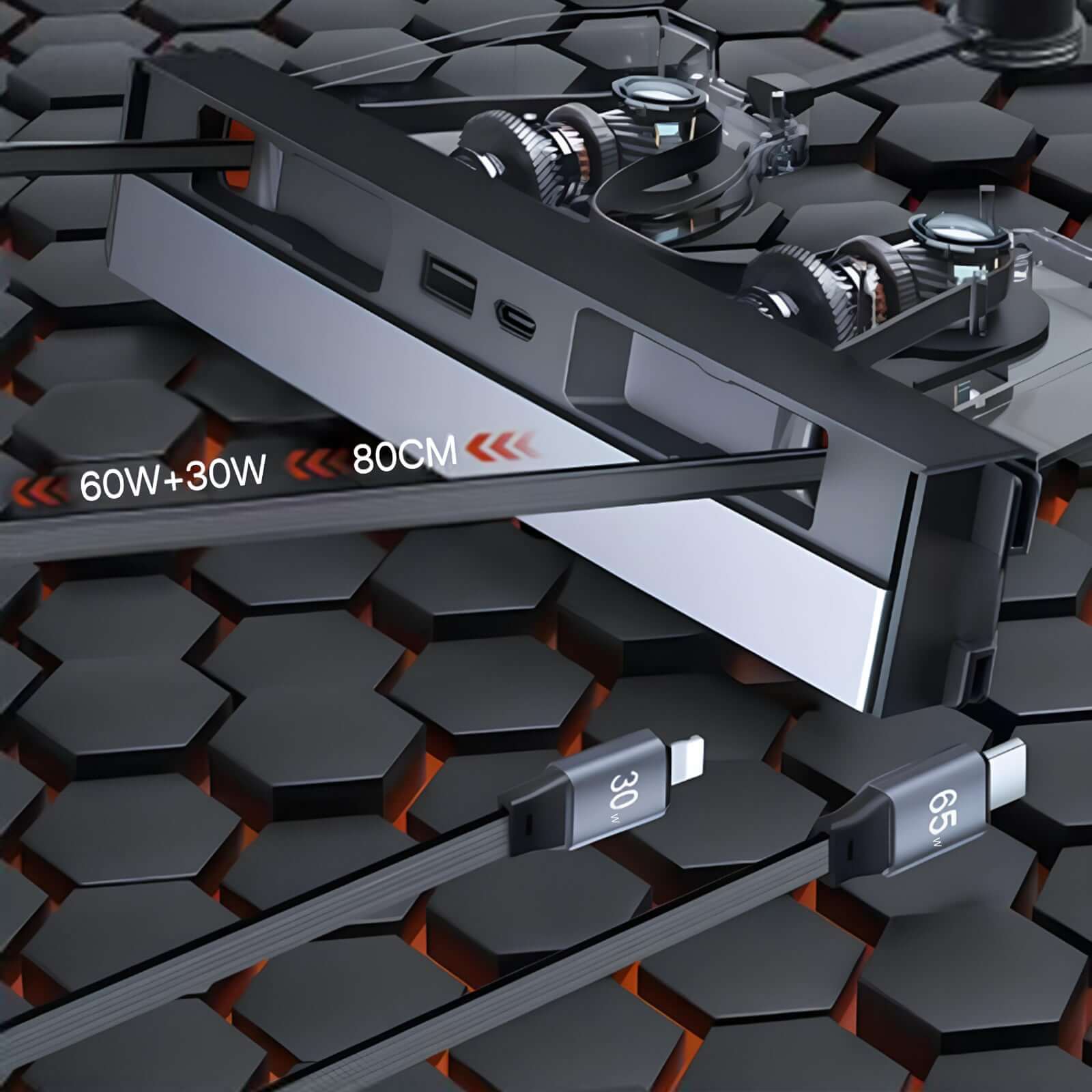 Tesla Center Console USB Charger Hub for Model 3 Highland 2024 & Model Y 2025 - 65W Magnetic 4-Port Fast Charge with cables shown