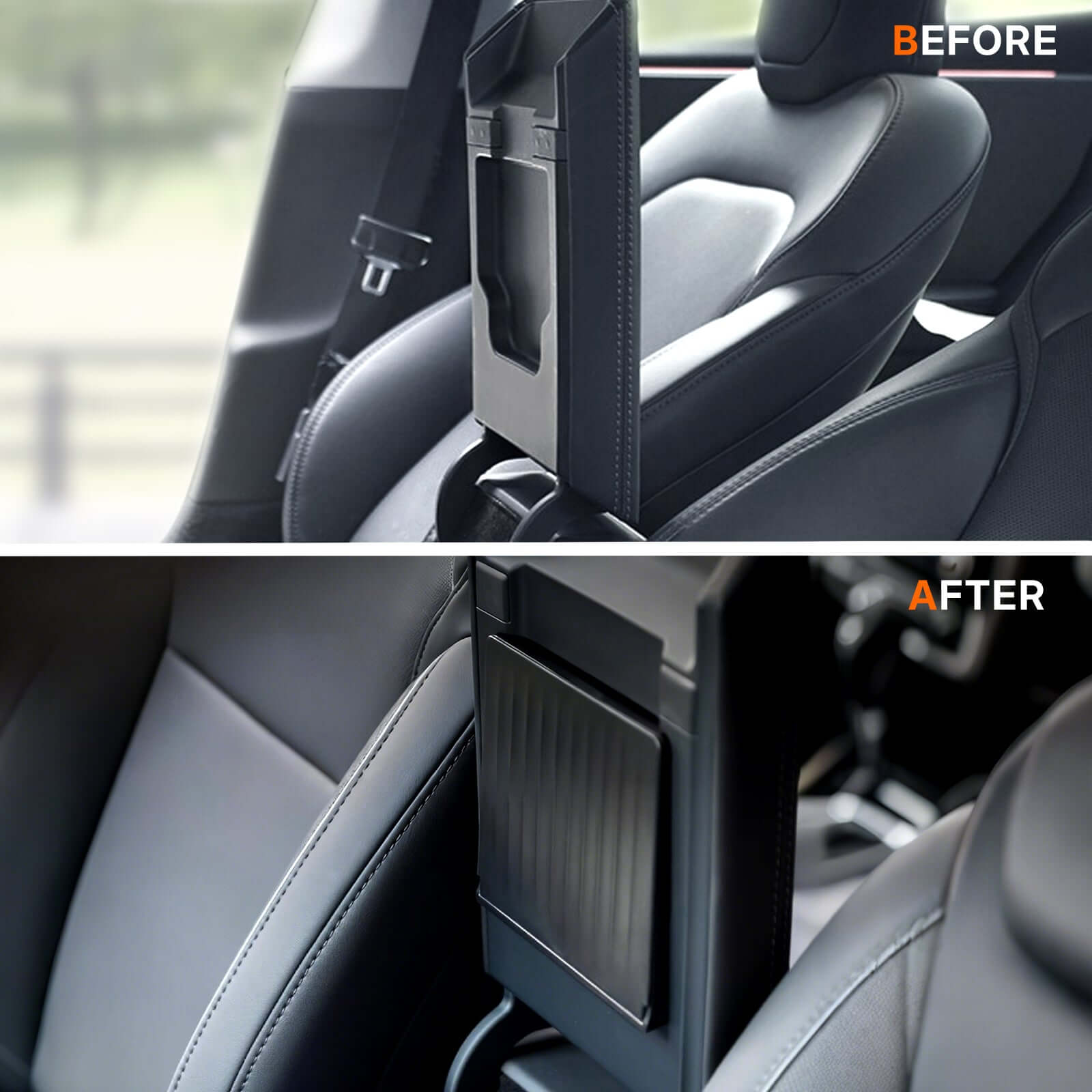 Before and after Tesla Model 3 Highland 2024 & Model Y Juniper 2025 Magnetic Armrest Organizer installation comparison