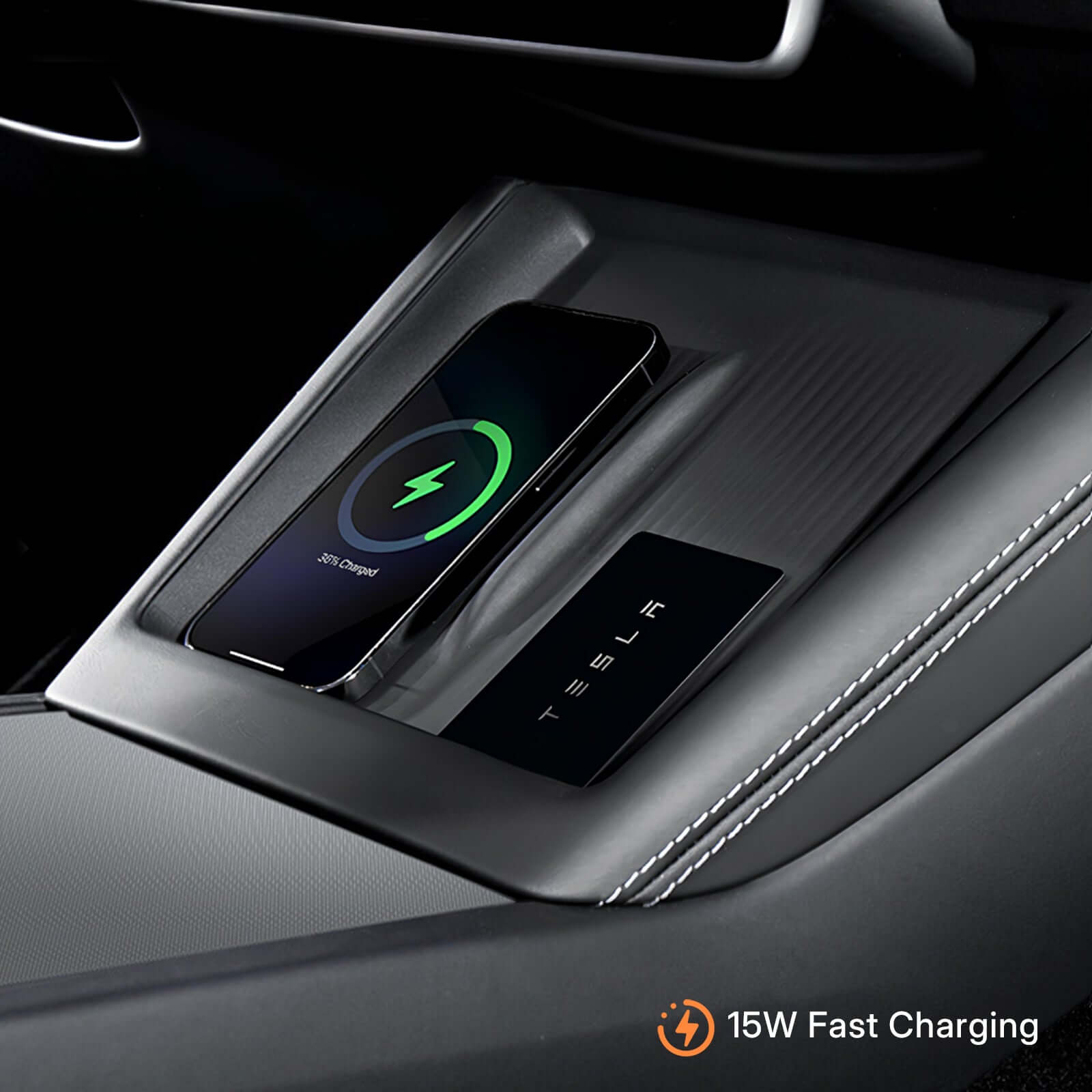 Tesla Model Y Juniper 2025 & Model 3 Highland 2024 console wireless charging pad in action with 15W fast charging indicator