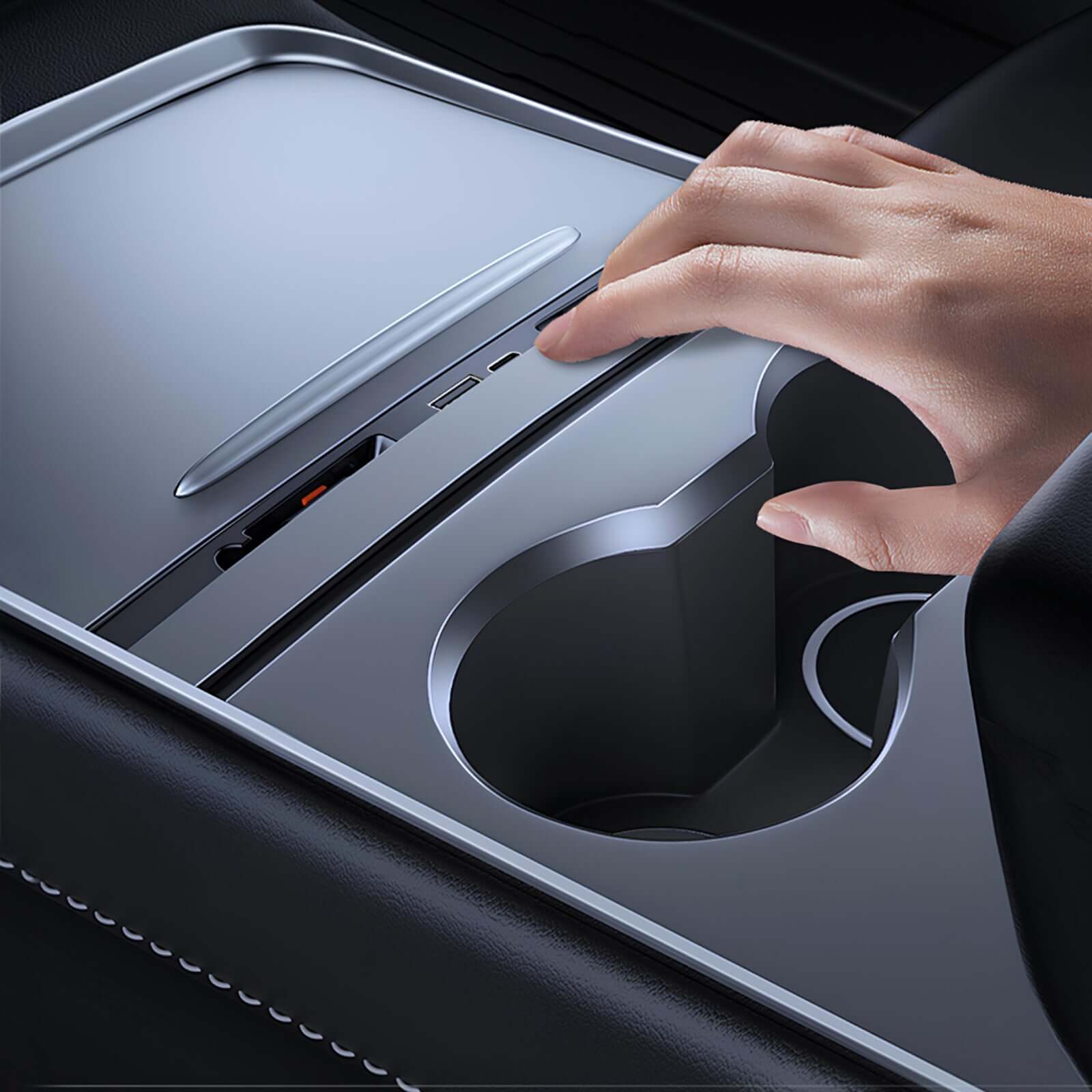 Tesla Model 3 2024 center console with USB charger hub in use for easy access