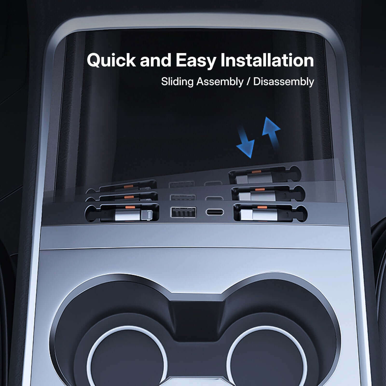 Tesla Center Console USB Charger Hub for Model 3 Highland 2024 installation guide showing sliding assembly features
