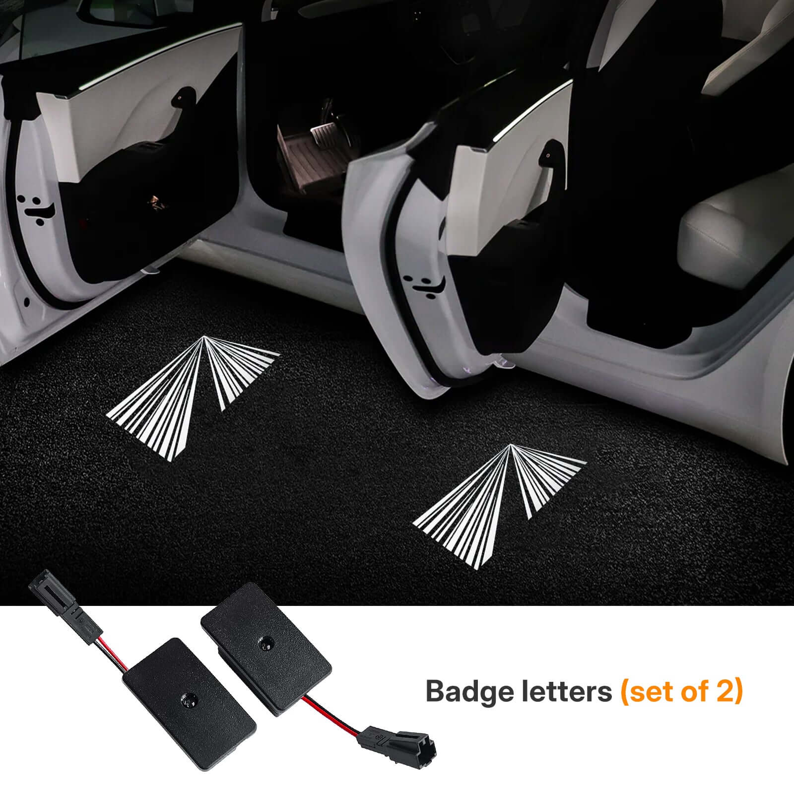 Tesla Model 3/Y OEM Welcome Projection Lights installation inside vehicle showing premium LED logo projection
