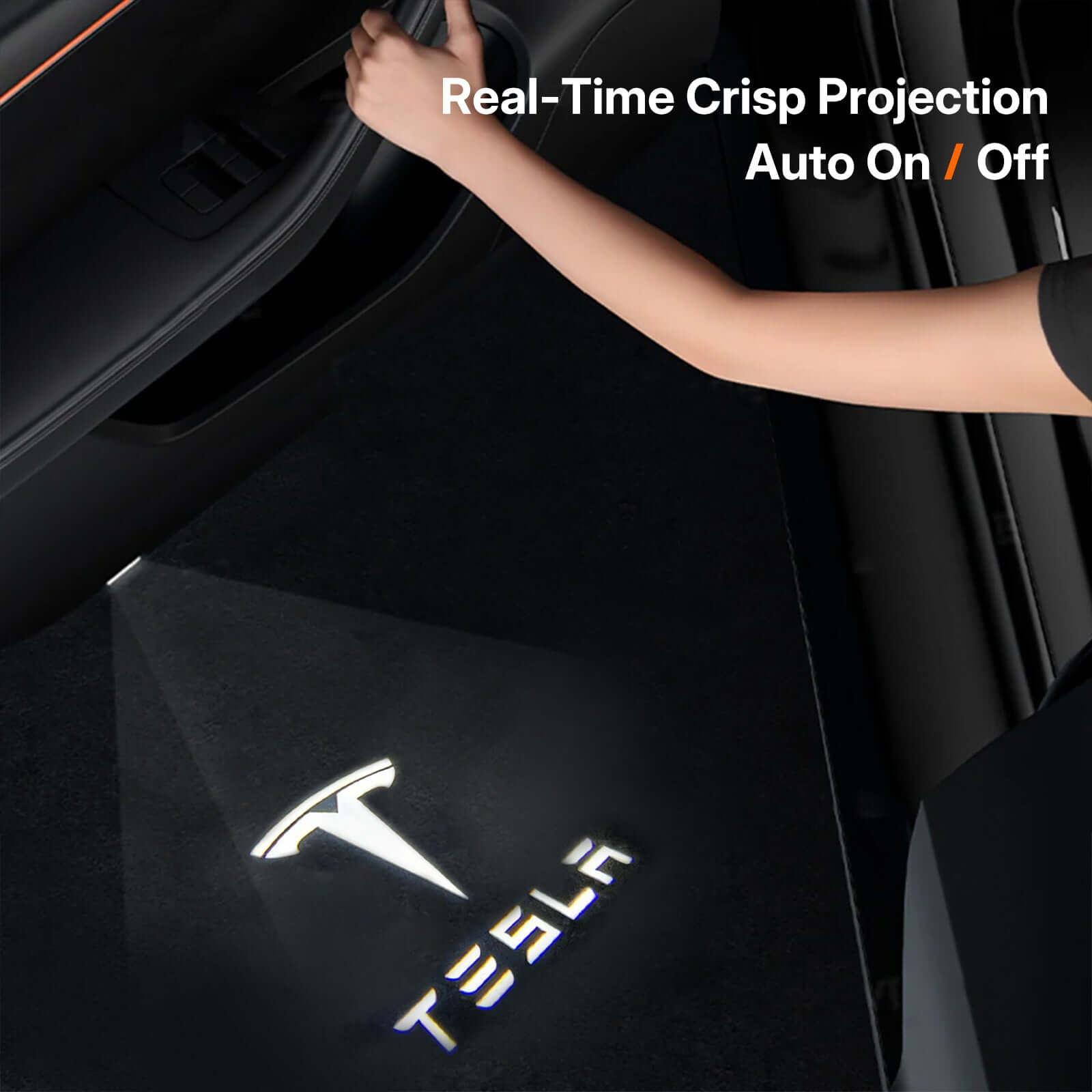 Tesla Model Y interior with OEM Welcome Projection Lights demonstrating real-time crisp projection functionality