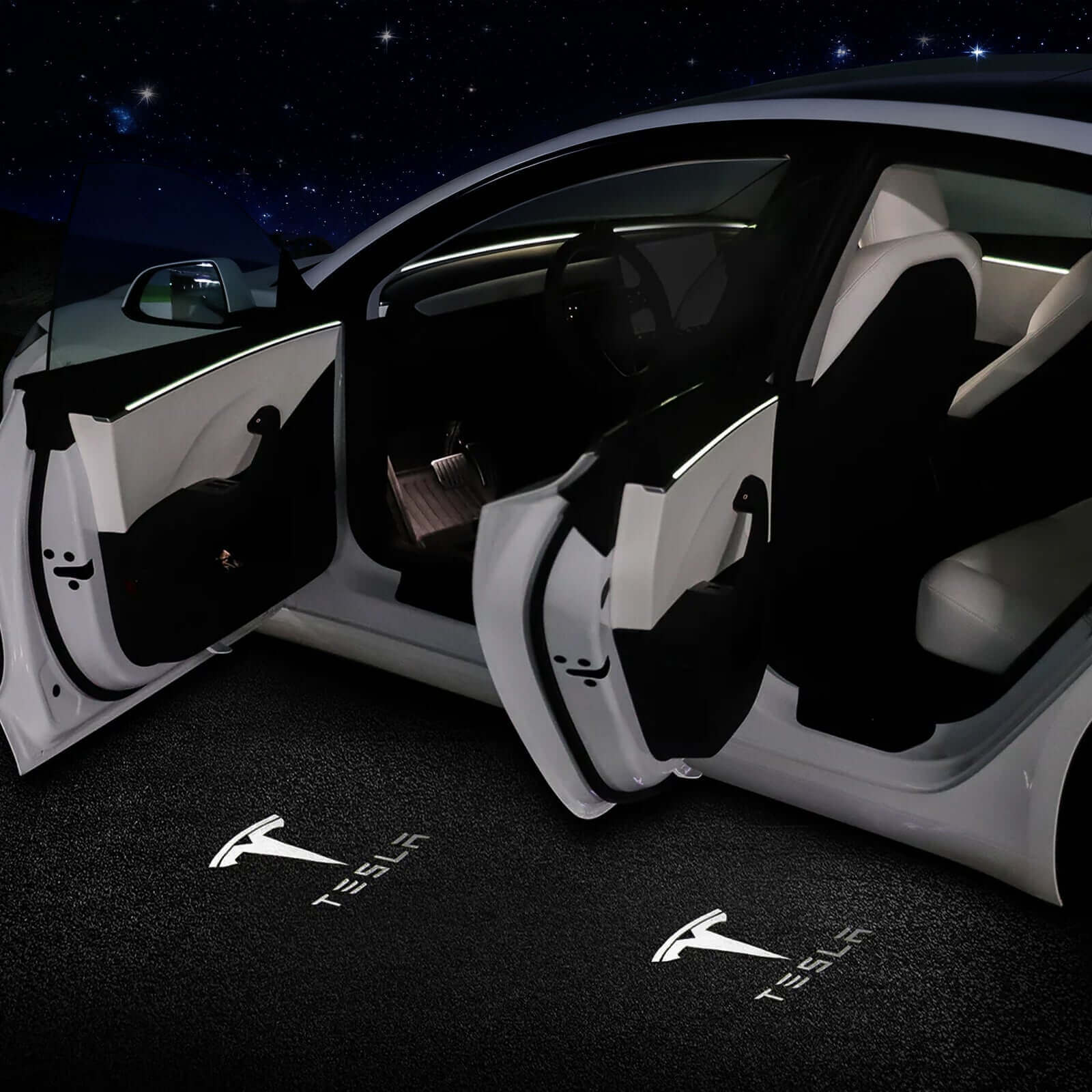 Tesla Model 3 interior with OEM Welcome Projection Lights showcasing crisp Tesla logo on the ground
