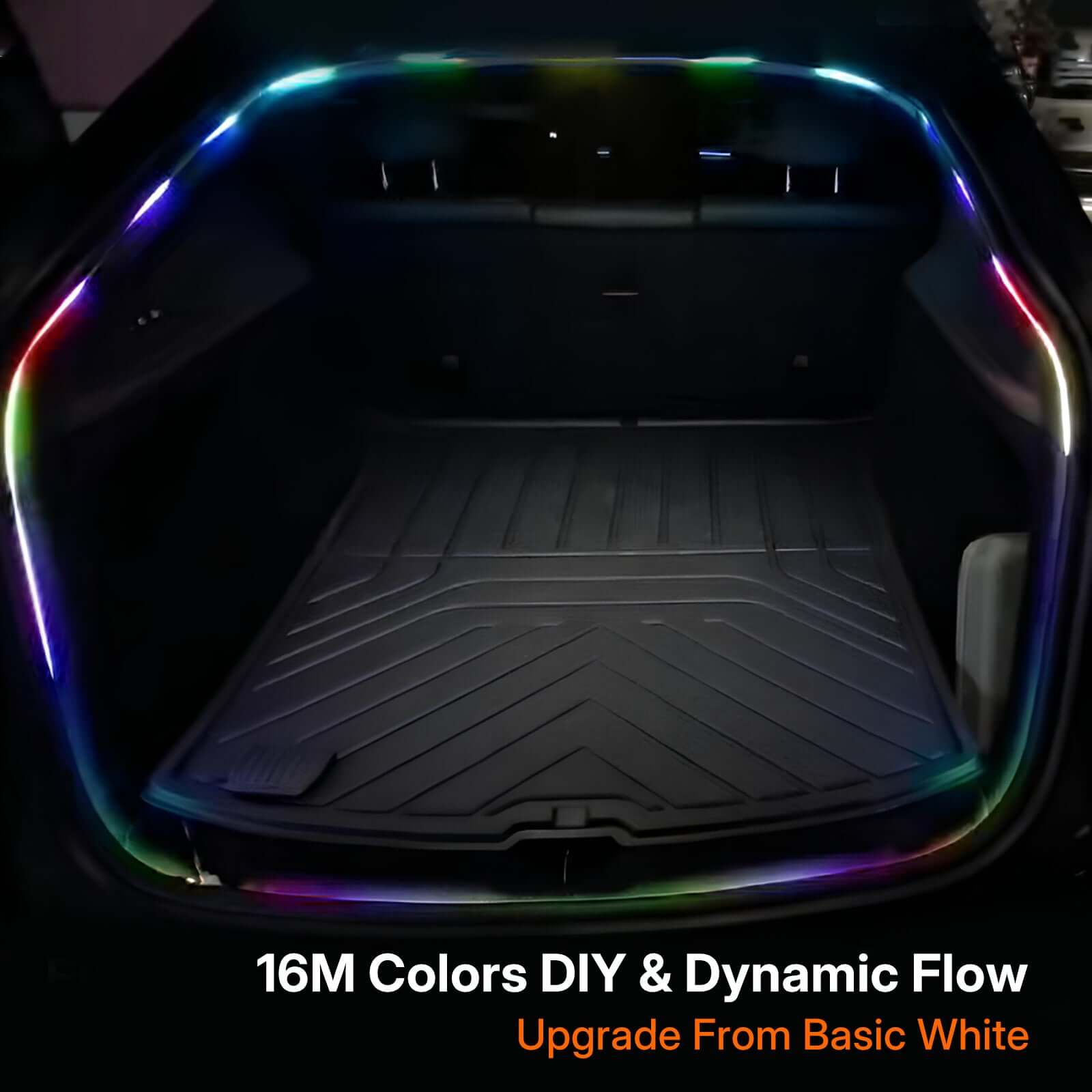Tesla Model Y Juniper Trunk Light Pro app-controlled RGBIC LED strip in action with 16M colors and dynamic flow