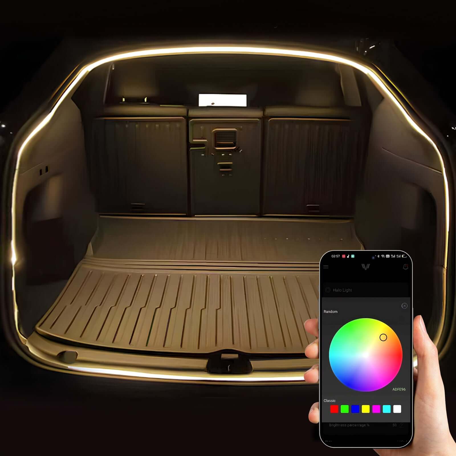 Tesla Model Y Juniper Trunk Light Pro app control interface with dynamic lighting feature