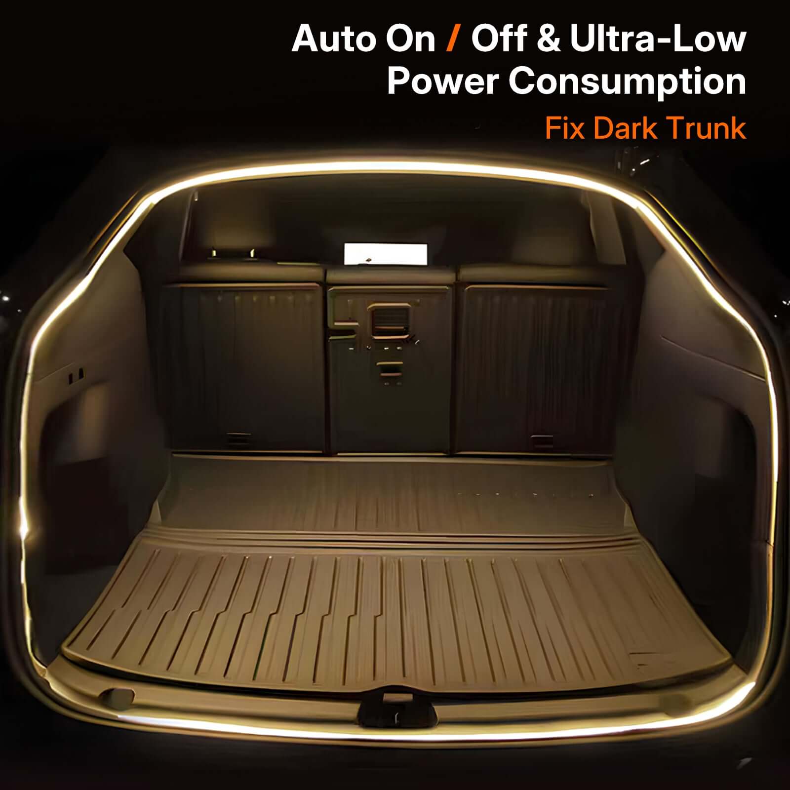 Tesla Model Y Juniper Trunk Light Pro showing ultra-low power consumption feature for dark trunk illumination