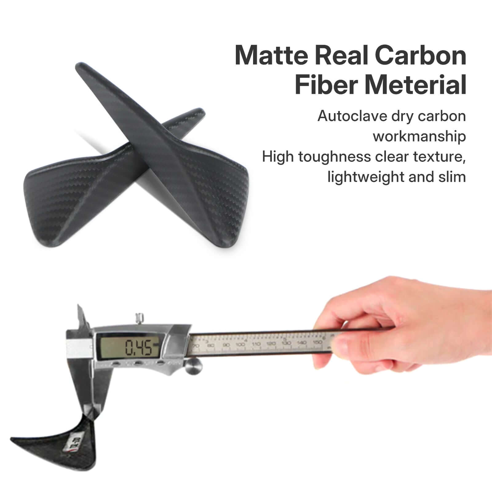 Close-up of matte real carbon fiber material on side camera covers showing lightweight texture