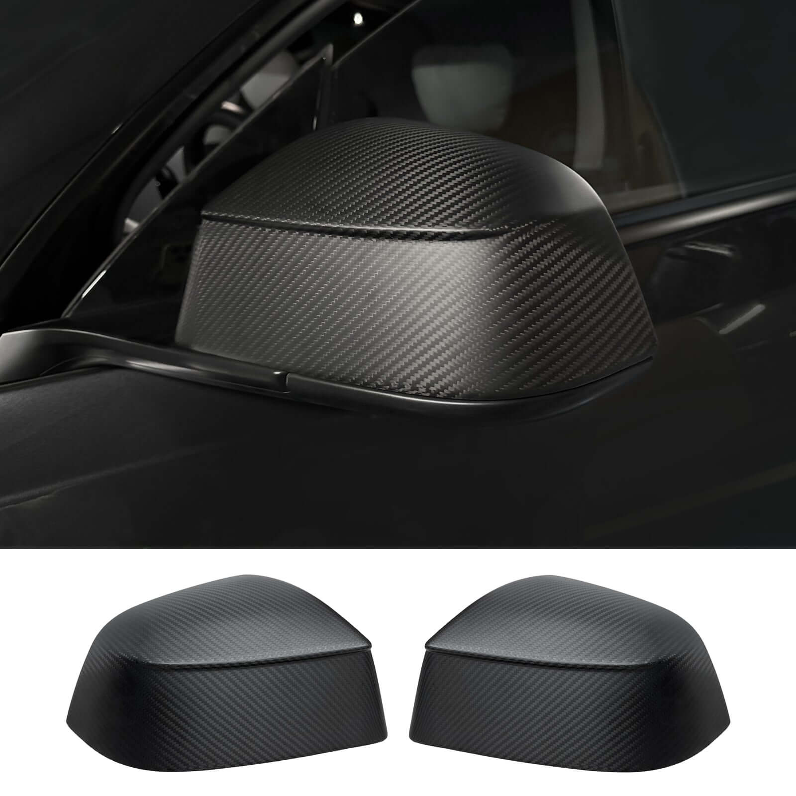 Close-up of Real Dry Carbon Fiber Mirror Covers for Tesla Model Y Juniper 2025 showing premium texture and finish