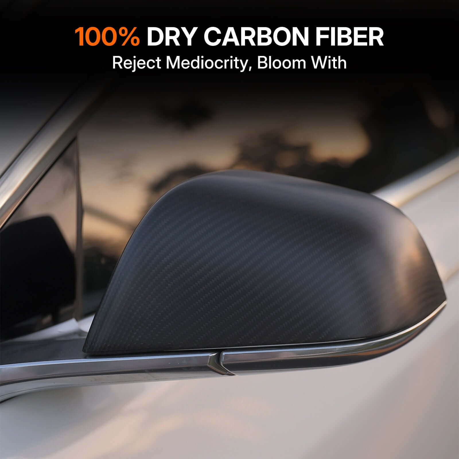 Close-up of real dry carbon fiber mirror cover for Tesla Model 3 showing premium texture and finish