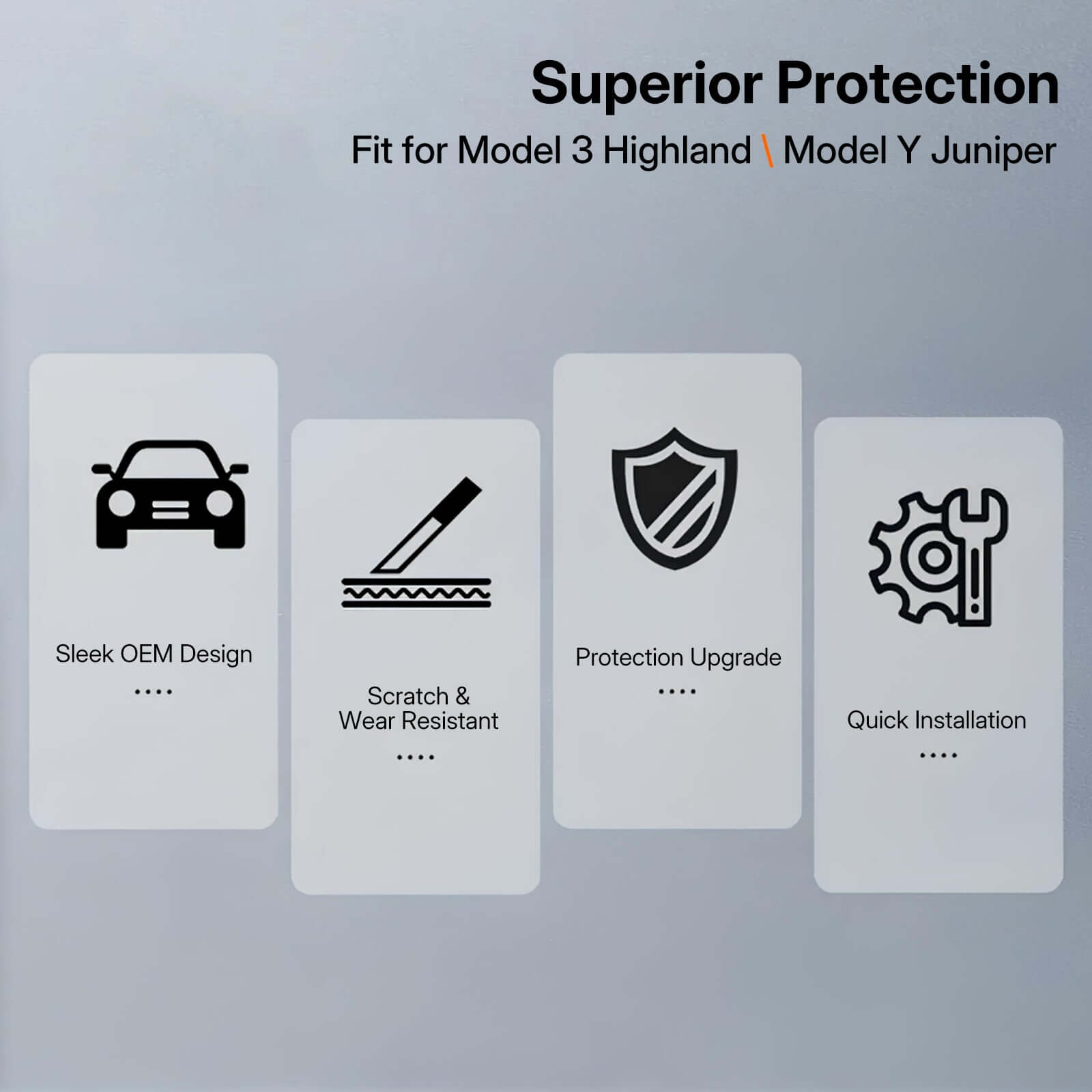 Tesla Model 3 Highland 2024 & Model Y Juniper 2025 Rear Screen Frame Cover features superior protection icons and quick installation details.