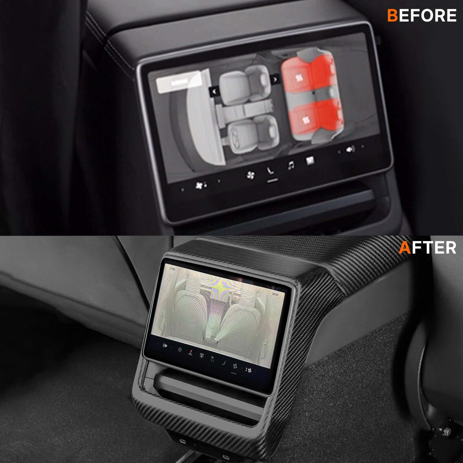Before and after Tesla Model 3 Highland 2024 & Model Y Juniper 2025 rear screen frame cover installation showing enhanced carbon fiber finish
