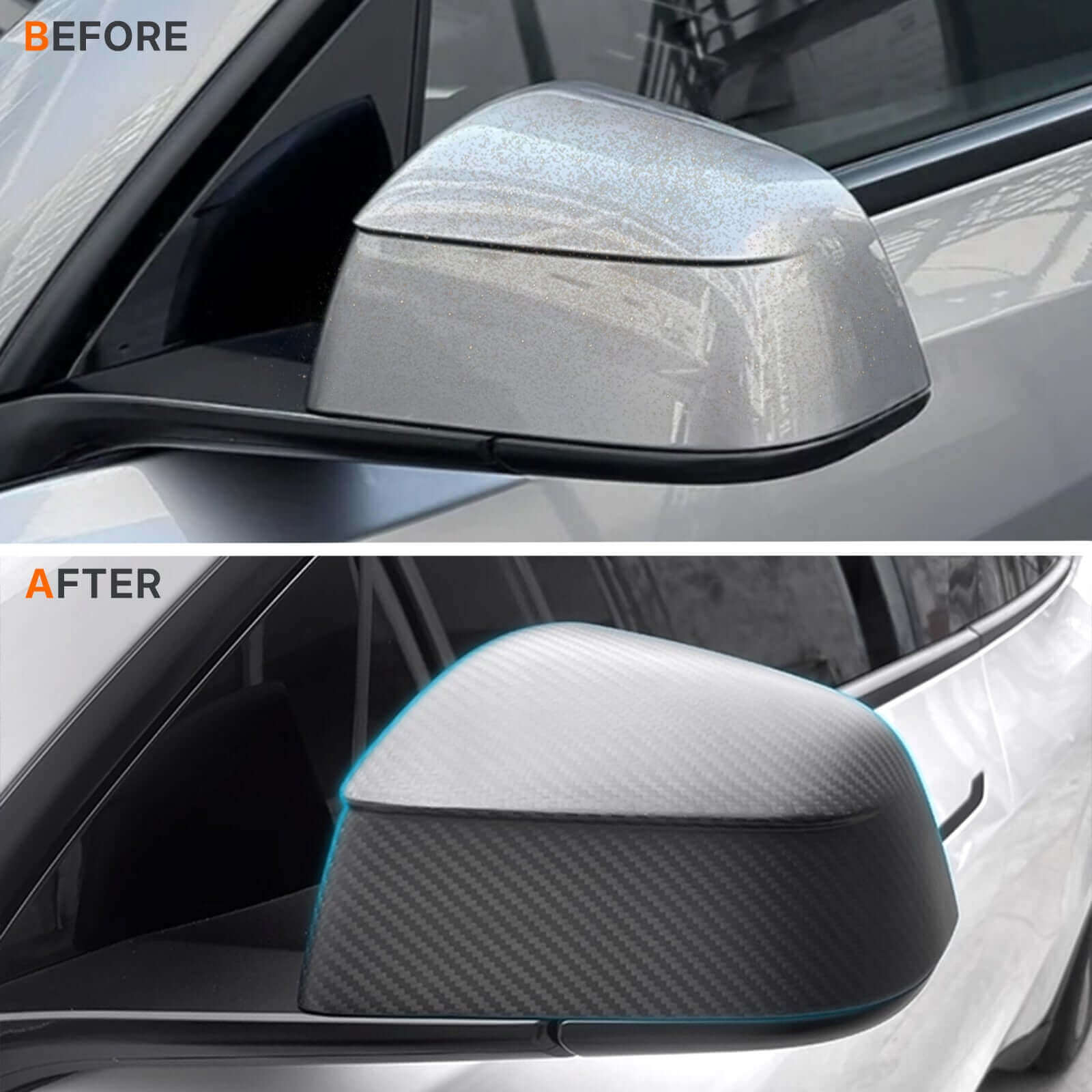 Before and after Real Dry Carbon Fiber Mirror Covers for Tesla Model Y Juniper 2025 installation