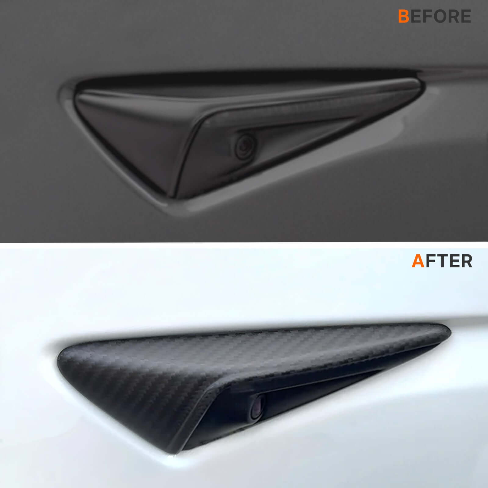 Before and after Real Dry Carbon Fiber Side Camera Covers installation on Tesla Model 3 Highland 2024