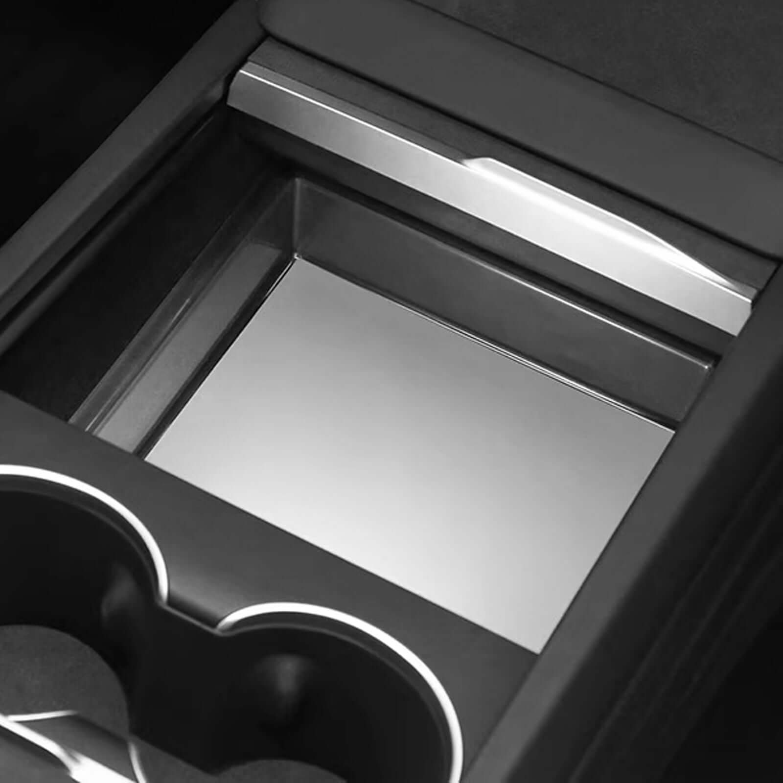 Close-up of Tesla Model 3 Highland 2024 & Model Y Juniper 2025 Clear Armrest Organizer showing premium quality interior design.