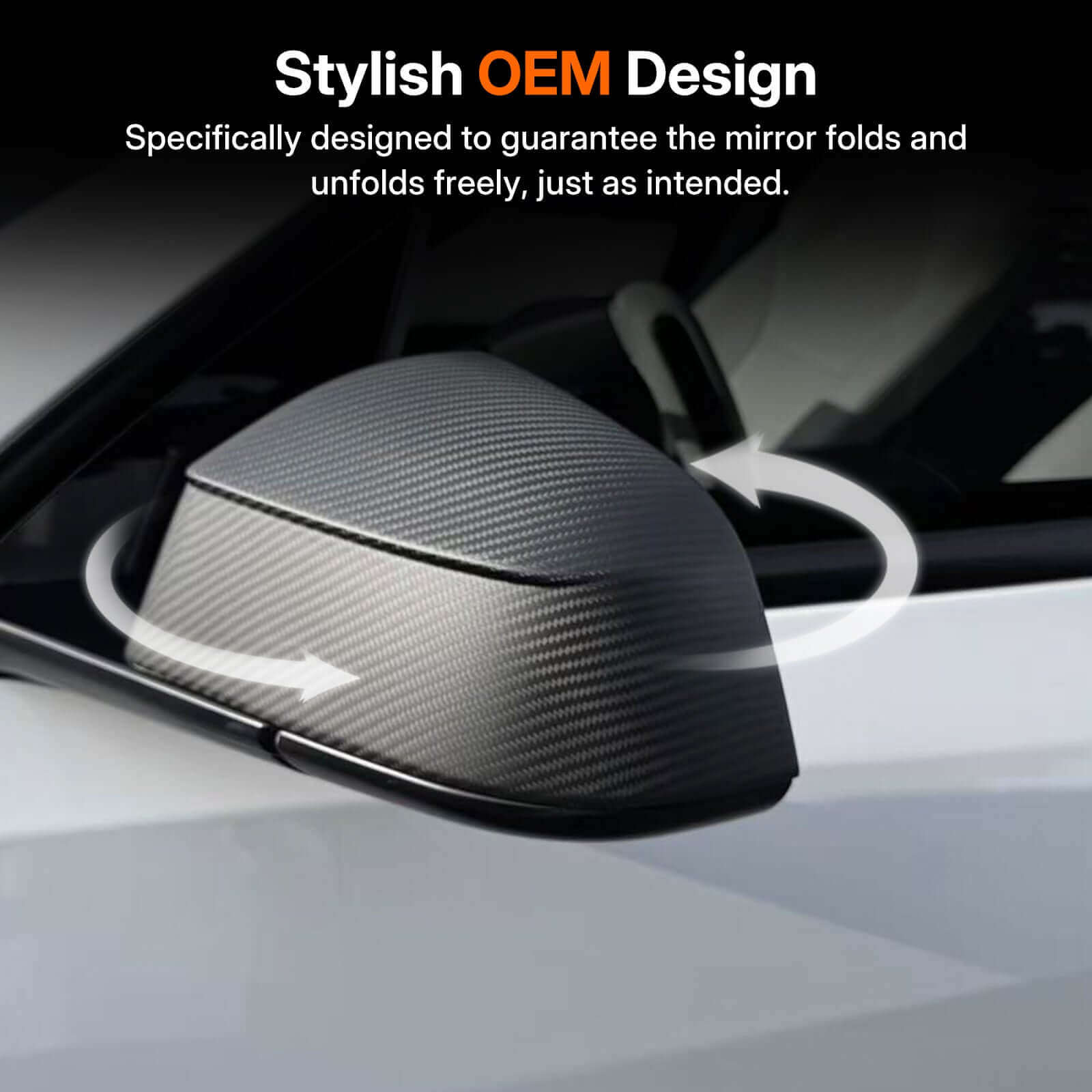 Close-up of Real Dry Carbon Fiber Mirror Covers for Tesla Model Y Juniper 2025 showing stylish OEM design features.