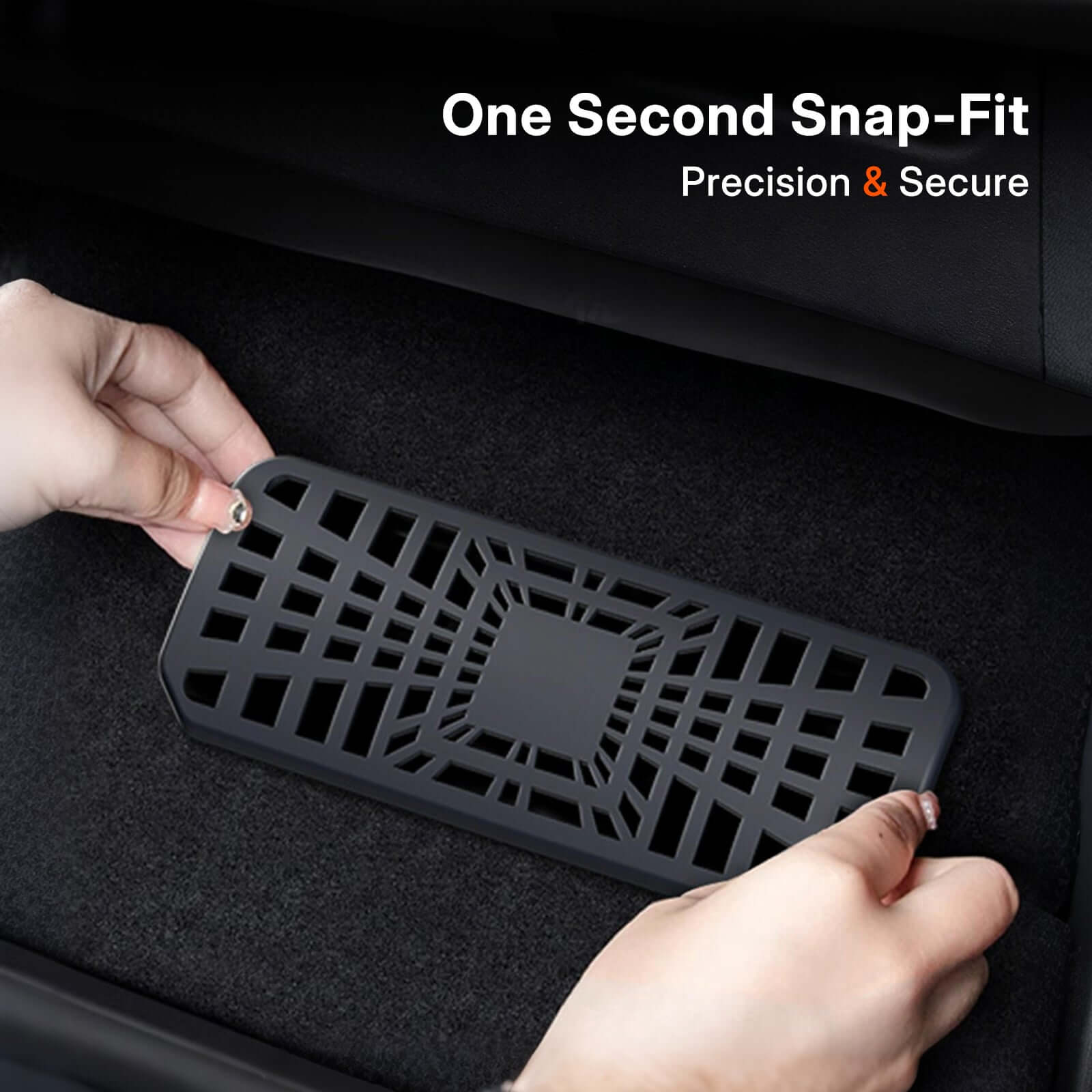 Tesla Model 3 Highland 2024 Under Seat/Rear Air Vent Cover installation process showing secure snap-fit feature