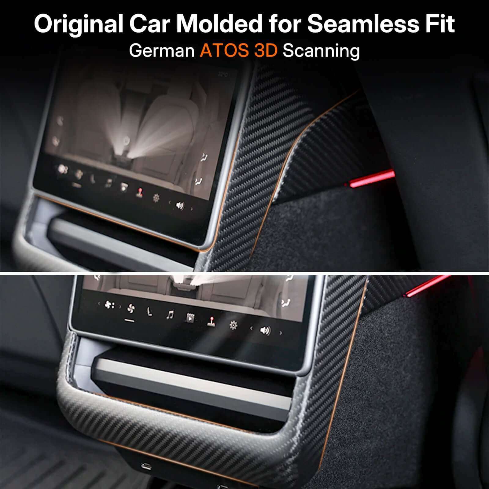 Close-up of Tesla Model 3 Highland 2024 & Model Y Juniper 2025 rear screen frame cover showing exact OEM fit with carbon fiber texture