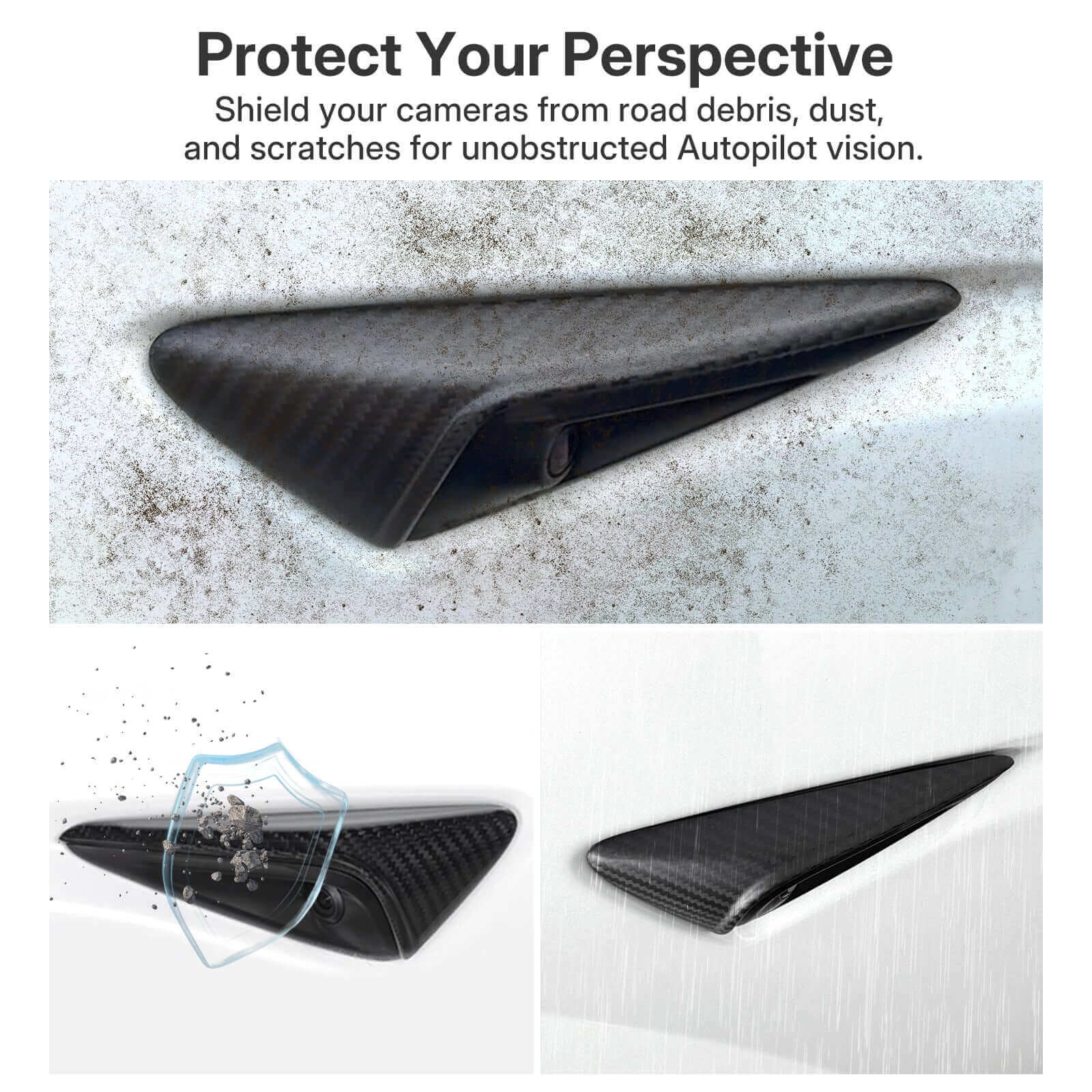 Real Dry Carbon Fiber Side Camera Covers for Tesla Model 3 Highland 2024 & Model Y Juniper 2025 protecting auto cameras from debris