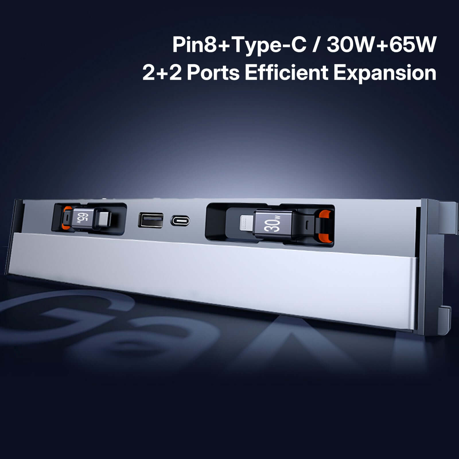 Close-up of Tesla Center Console USB Charger Hub showing 2+2 ports with 30W and 65W charging capabilities