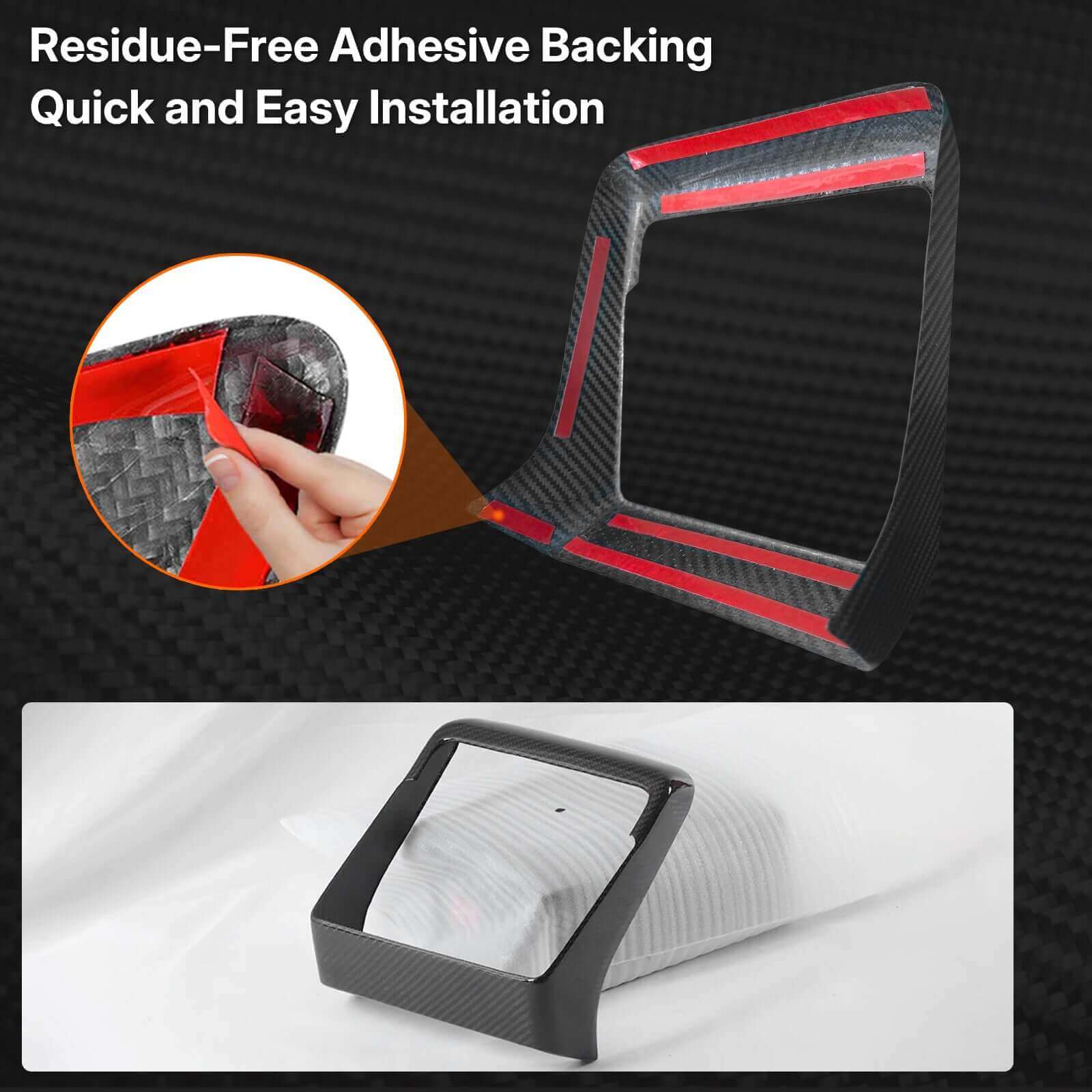 Close-up of Tesla Model 3 Highland 2024 & Model Y Juniper 2025 Rear Screen Frame Cover showing residue-free adhesive backing for easy installation
