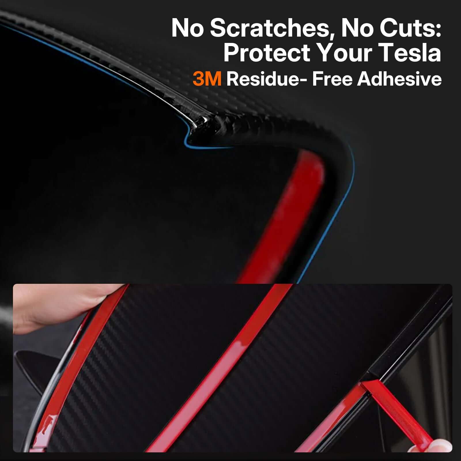 Close-up of Real Dry Carbon Fiber Mirror Covers for Tesla Model Y Juniper 2025 showing 3M residue-free adhesive feature