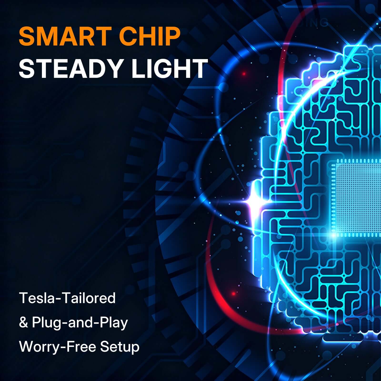 Smart chip technology with steady light demonstrating worry-free setup for Tesla-tailored plug-and-play installation