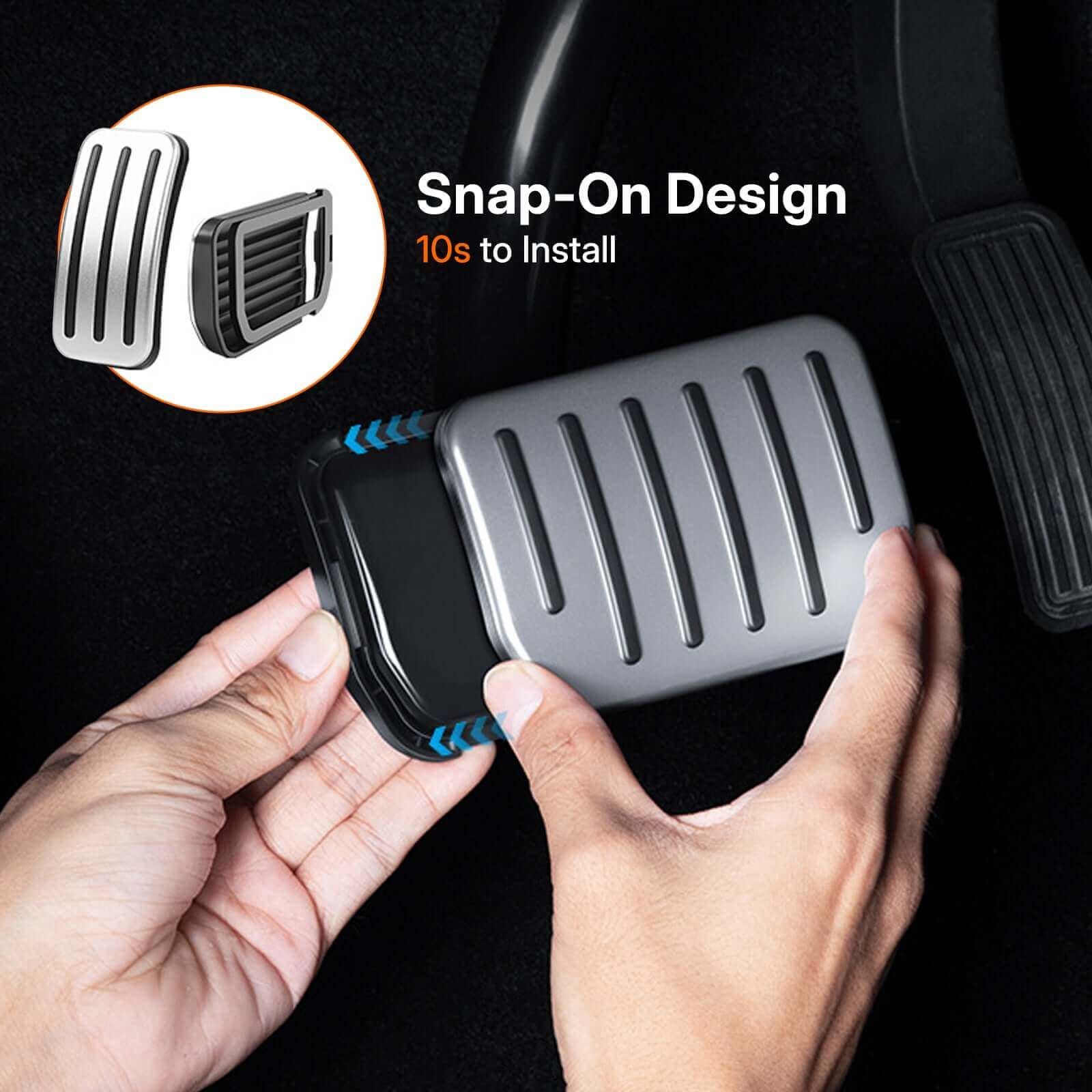 Close-up of Aluminum Alloy Non-Slip Textured Accelerator Brake Pedal Covers installation for Tesla Model 3 in snap-on design