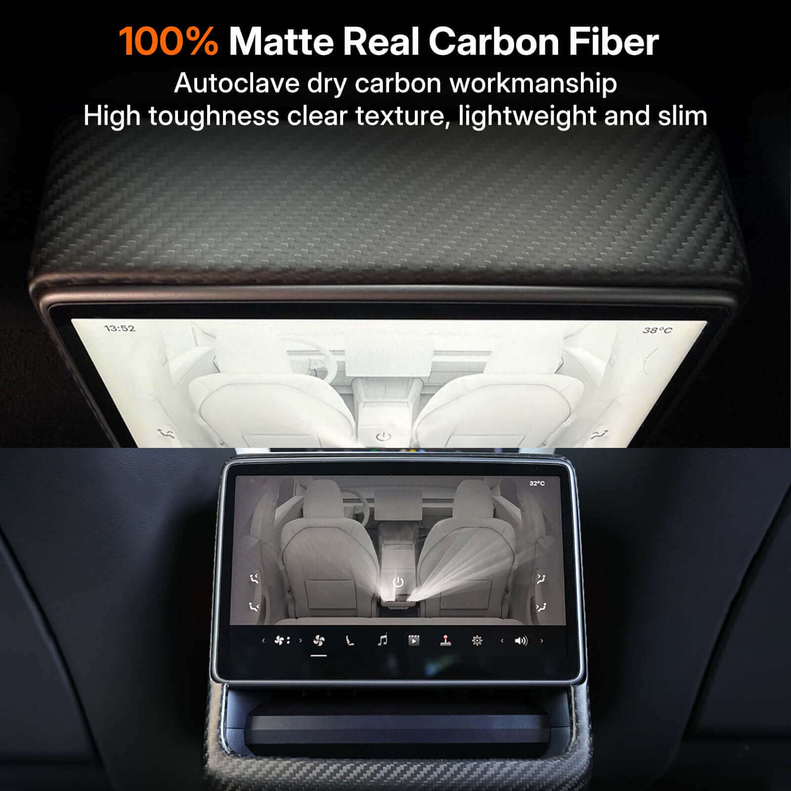 Close-up of Tesla Model 3 Highland 2024 & Model Y Juniper 2025 Rear Screen Frame Cover in 100% matte real carbon fiber