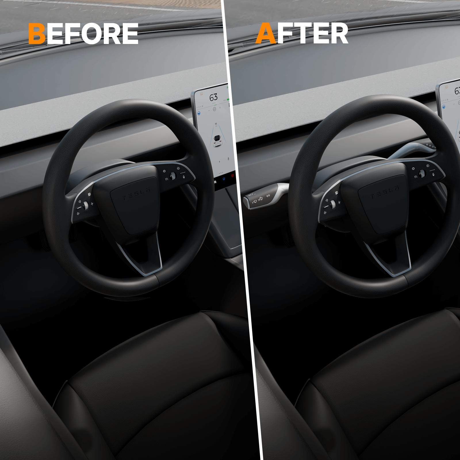 Before and after Restore Your Stalks! installation on Tesla Model 3 Highland 2024 showing enhanced gear shift and signal control.
