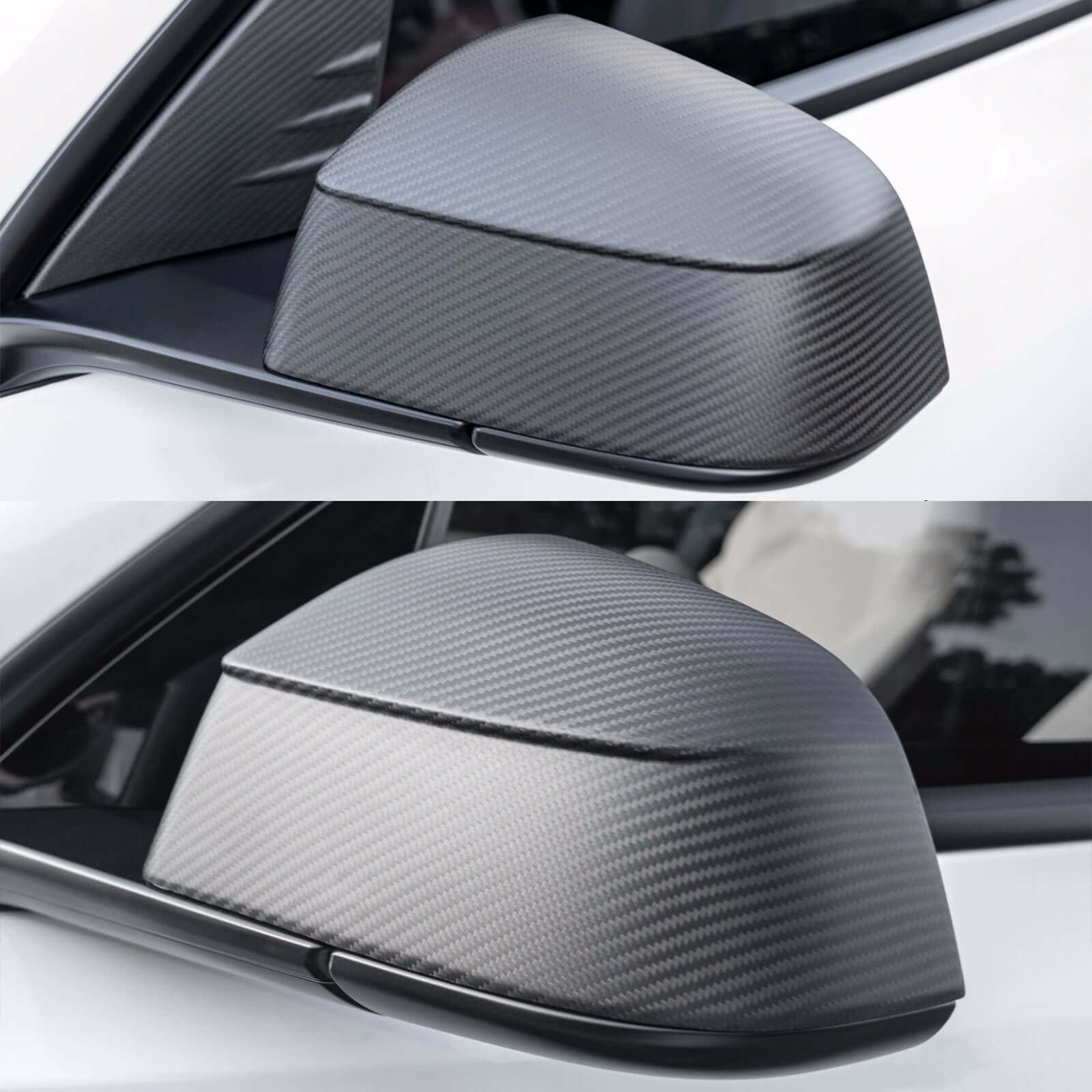 Before and after installation of Real Dry Carbon Fiber Mirror Covers for Tesla Model Y Juniper 2025 showing OEM fit and aggressive style