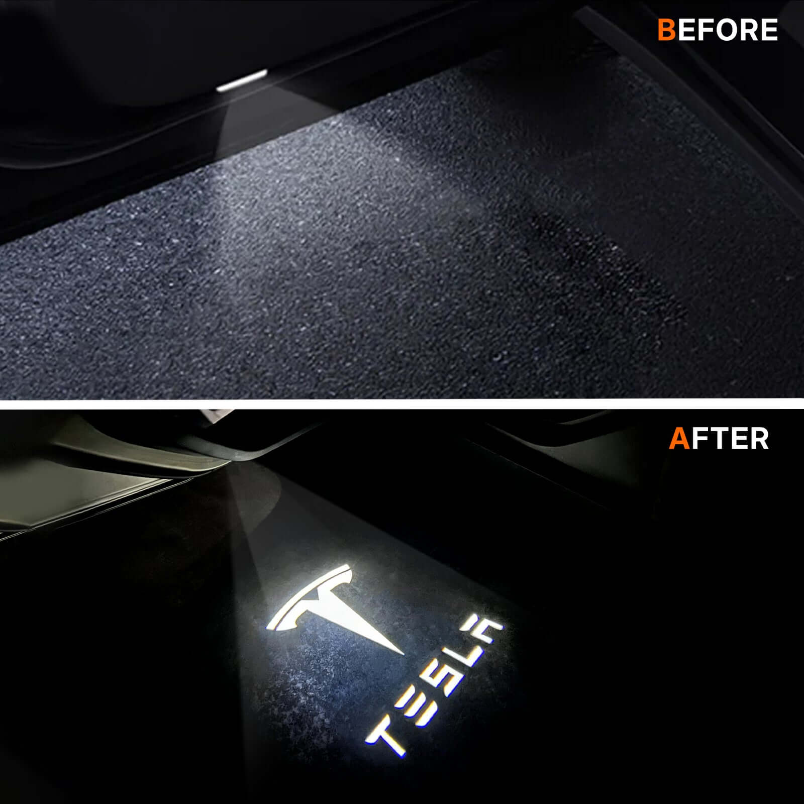 Before and after Tesla Model 3 / Y OEM Welcome Projection Lights installation showing clear logo projection