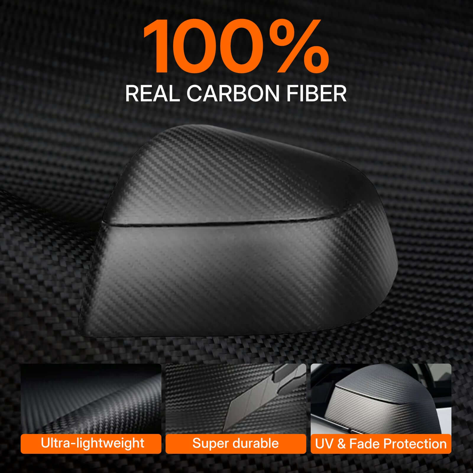 Close-up of Real Dry Carbon Fiber Mirror Covers for Tesla Model Y Juniper 2025 showing premium 3K twill texture and finish