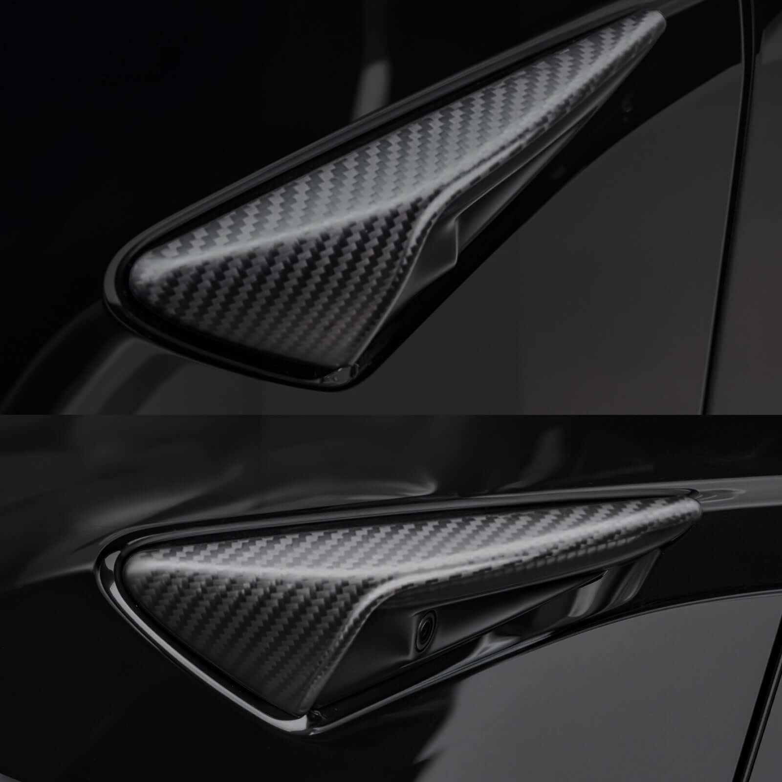 Close-up of Real Dry Carbon Fiber Side Camera Covers for Tesla Model 3 Highland 2024 & Model Y Juniper 2025 showing premium finish