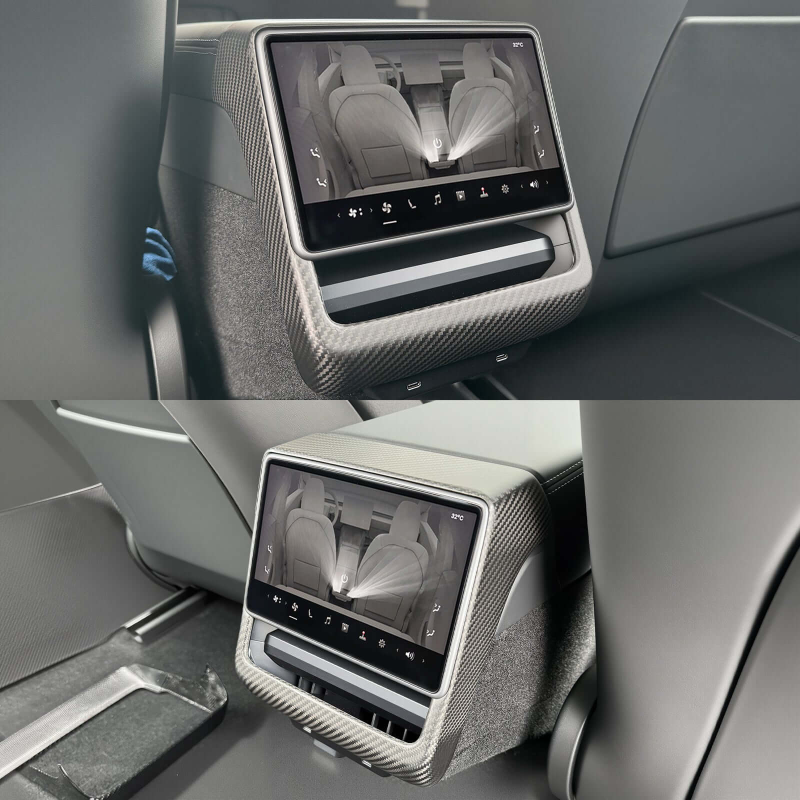 Before and after Tesla Model 3 Highland 2024 & Model Y Juniper 2025 Rear Screen Frame Cover installation