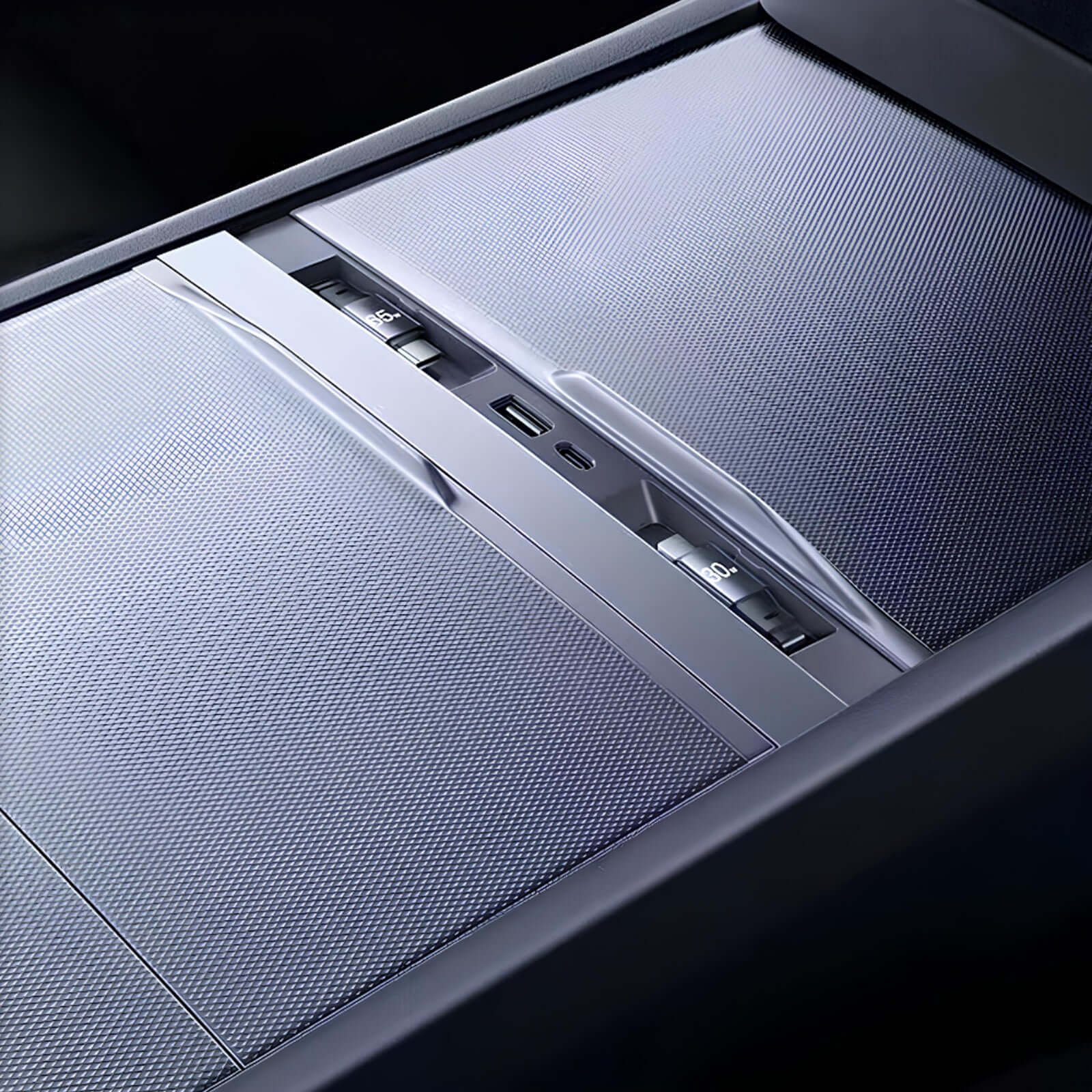 Close-up of Tesla Center Console USB Charger Hub for Model 3 Highland 2024 showing sleek design and port layout