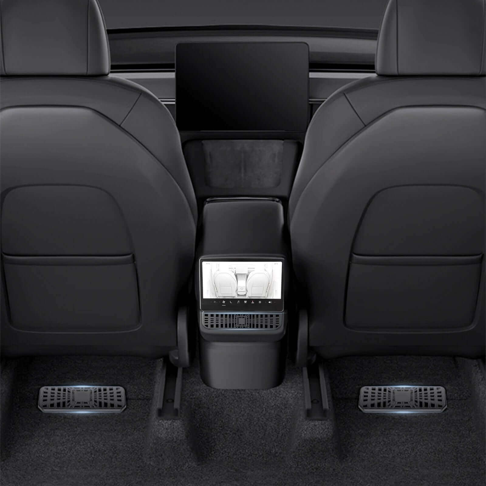 Tesla Model 3 Highland 2024 interior with Under Seat/Rear Air Vent Cover installed previewing dust protection