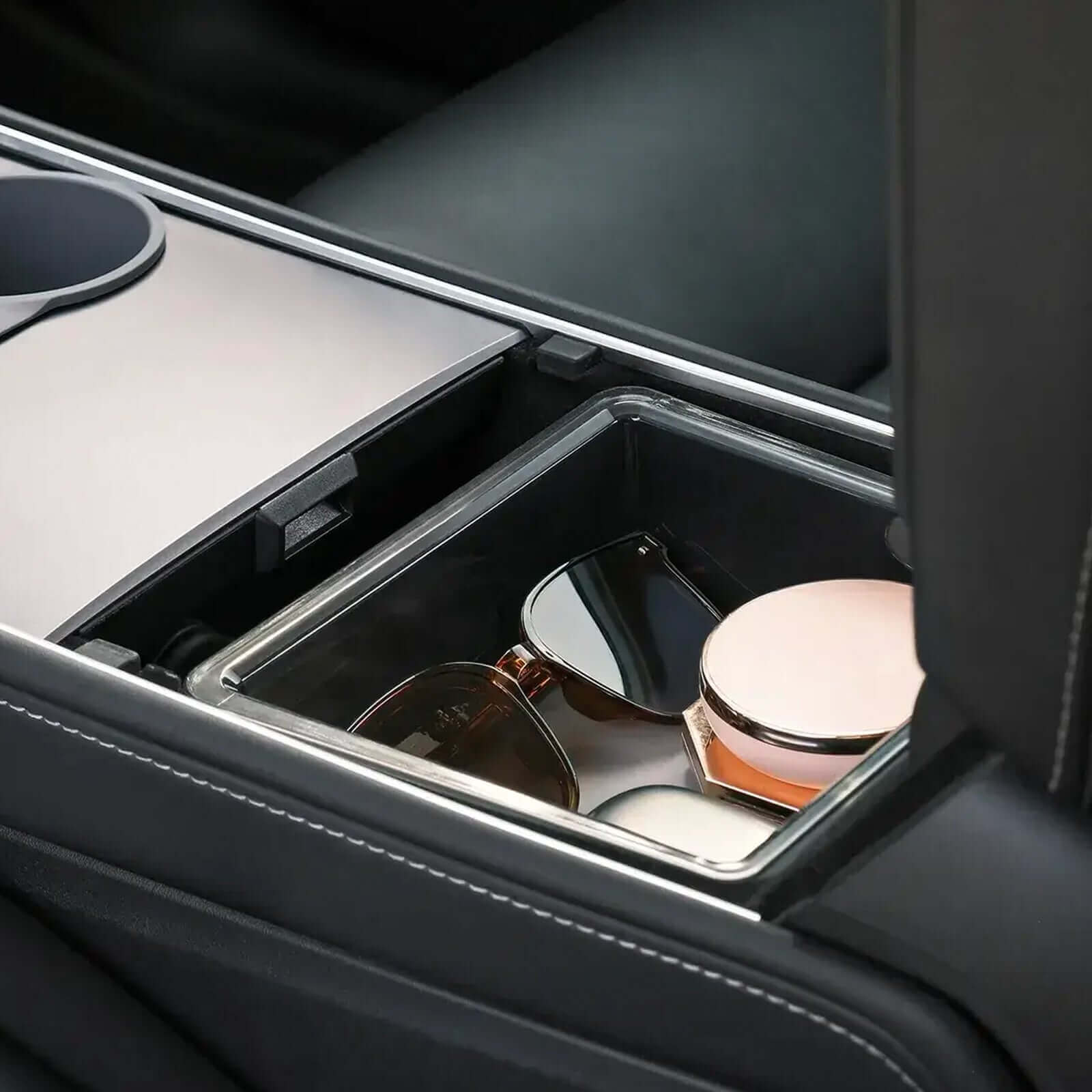 Tesla Model 3 Highland 2024 & Model Y Juniper 2025 Clear Armrest Organizer interior with sunglasses stored neatly