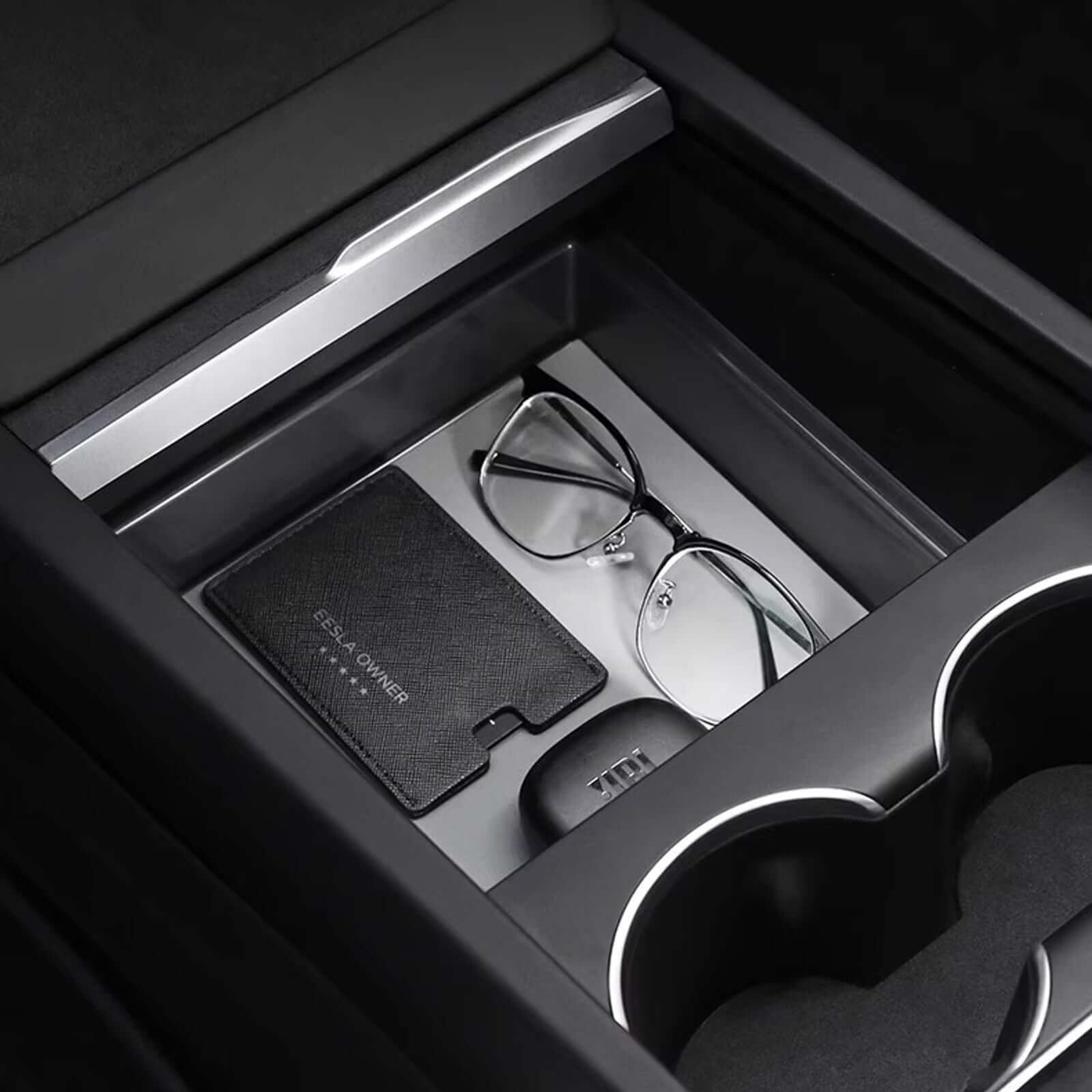Tesla Model 3 Highland 2024 & Model Y Juniper 2025 clear armrest organizer in use with glasses and accessories organized