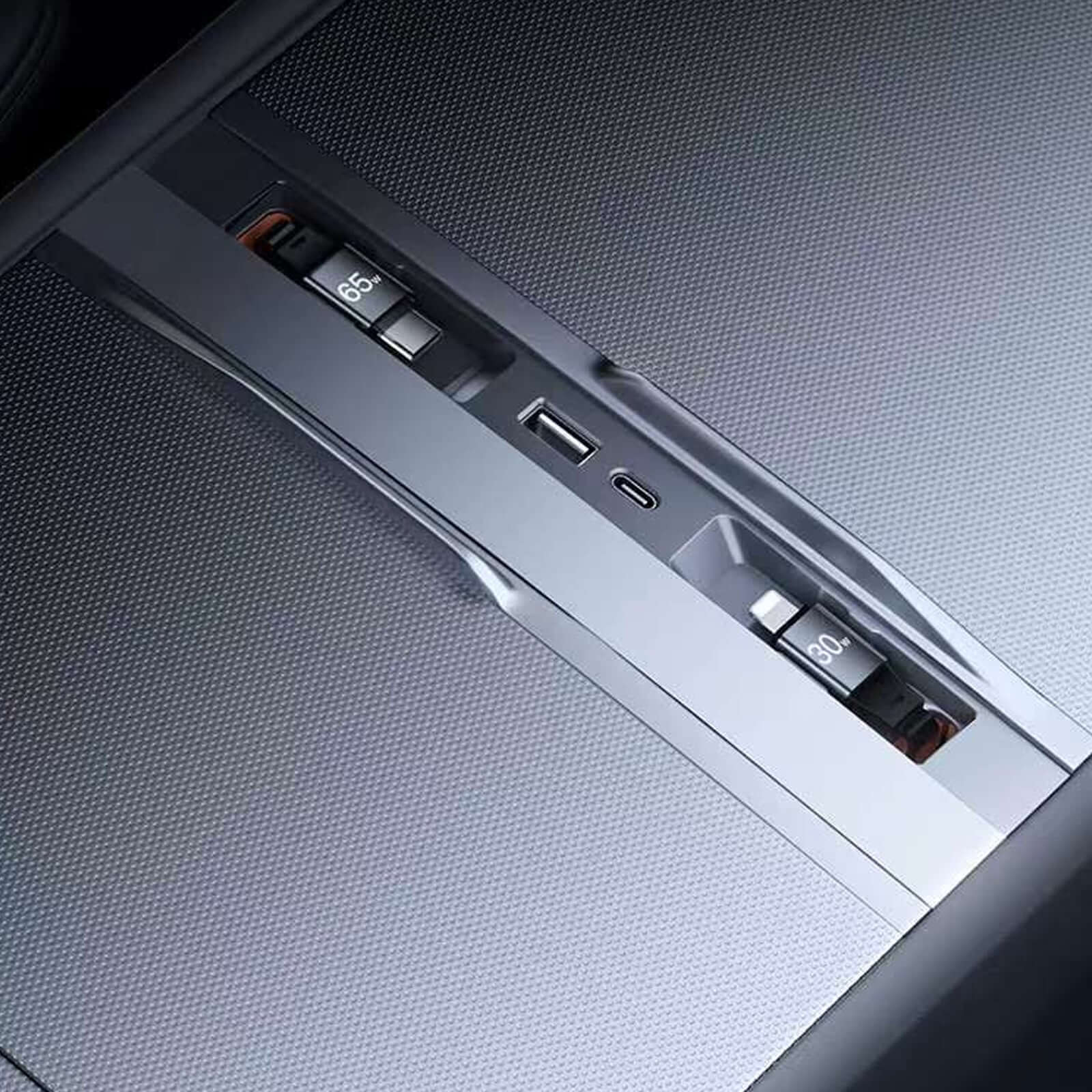 Close-up of Tesla Center Console USB Charger Hub for Model 3 Highland 2024 showing 65W fast-charge ports and sleek design