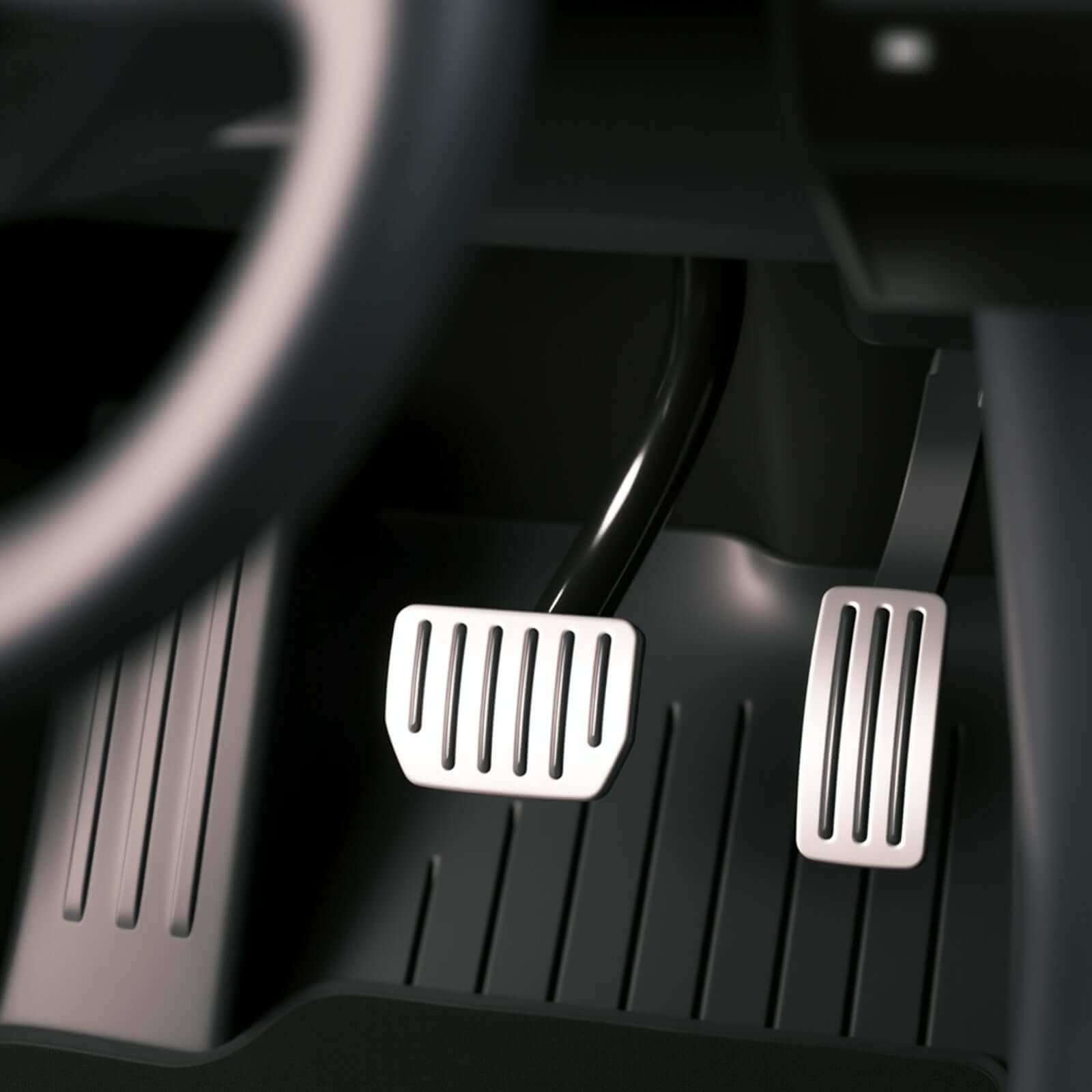 Tesla Model 3 interior with Aluminum Alloy Non-Slip Textured Accelerator Brake Pedal Covers installed